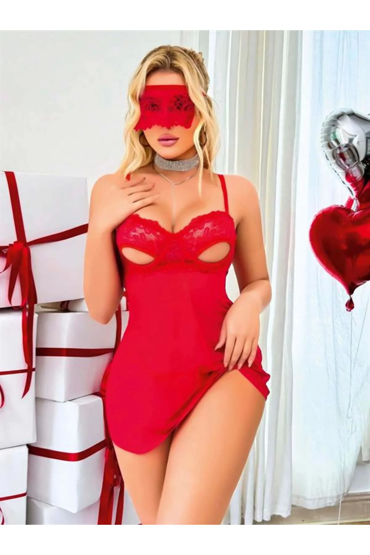 Kırmızı Göğüs Dekolteli Göz Bantlı Fantezi String Tül Gecelik Takımı Fiyatı, Yorumları ve Özellikleri
