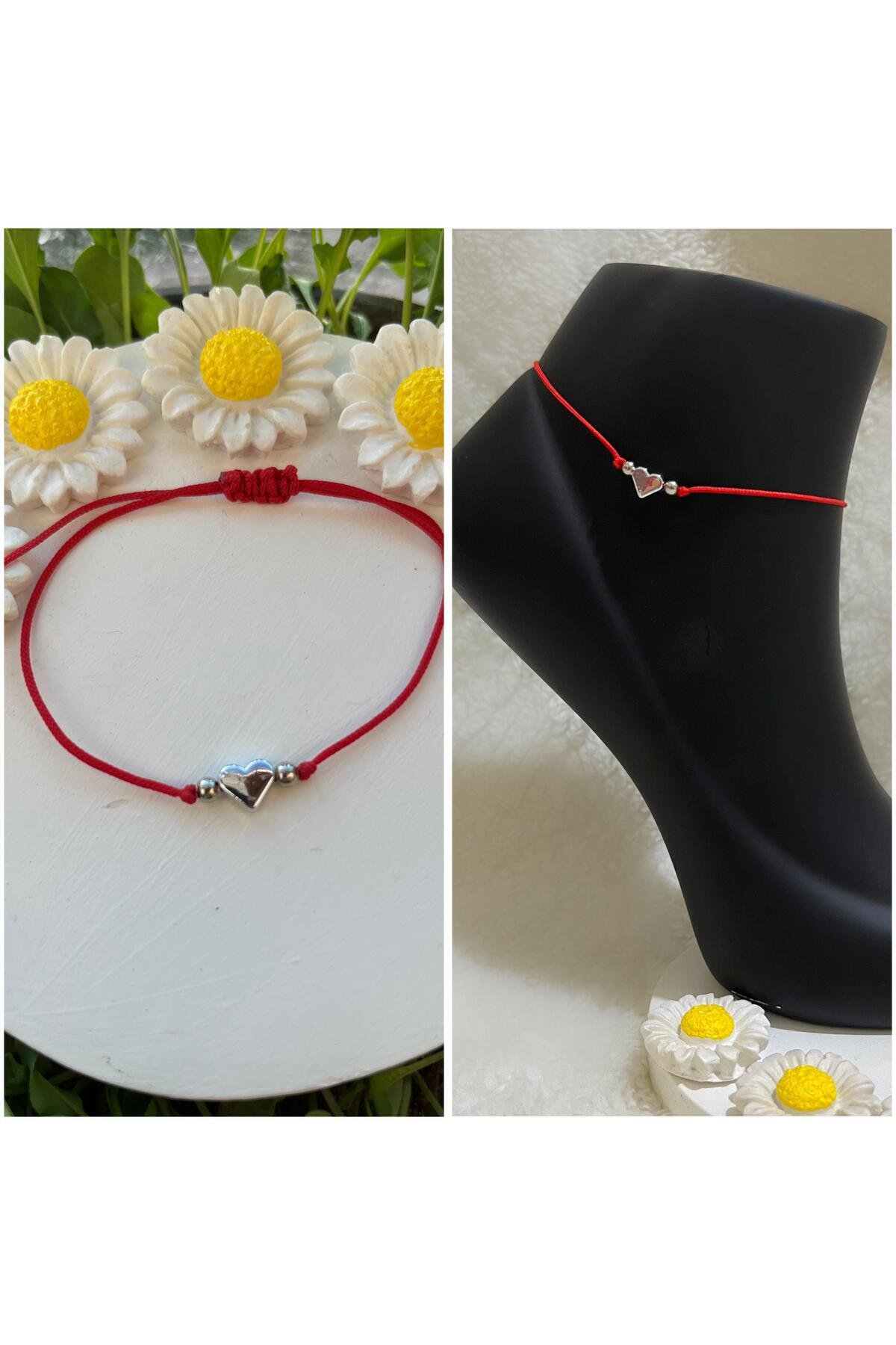 Arescollection Kırmızı İpli Ayarlanabilir Kalpli Sade Zarif Halhal