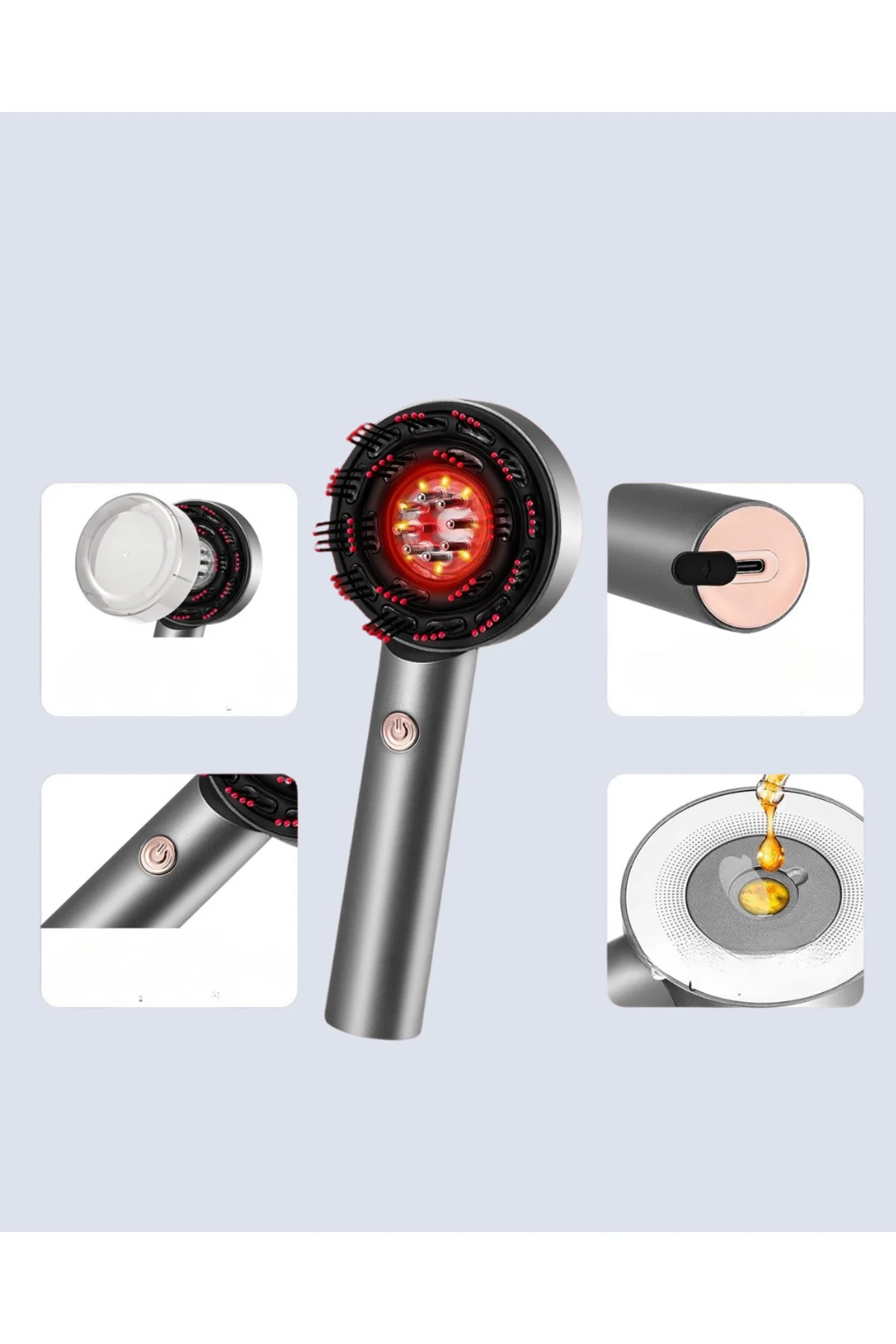 Kırmızı Işık Terapi Saç Derisi Masaj Tarağı 3 Modlu Yağ Hazneli -