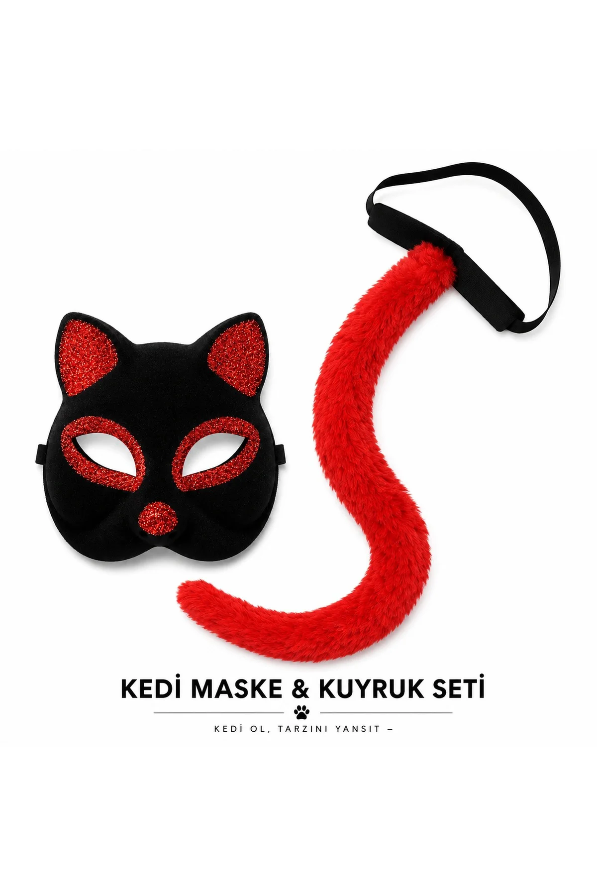 Kırmızı Kedi Maske ve Kuyruk Seti Parti Kostüm Aksesuarı Kırmızı Kedi Maske ve Kuyruk Seti Parti Kostüm Aksesuarı