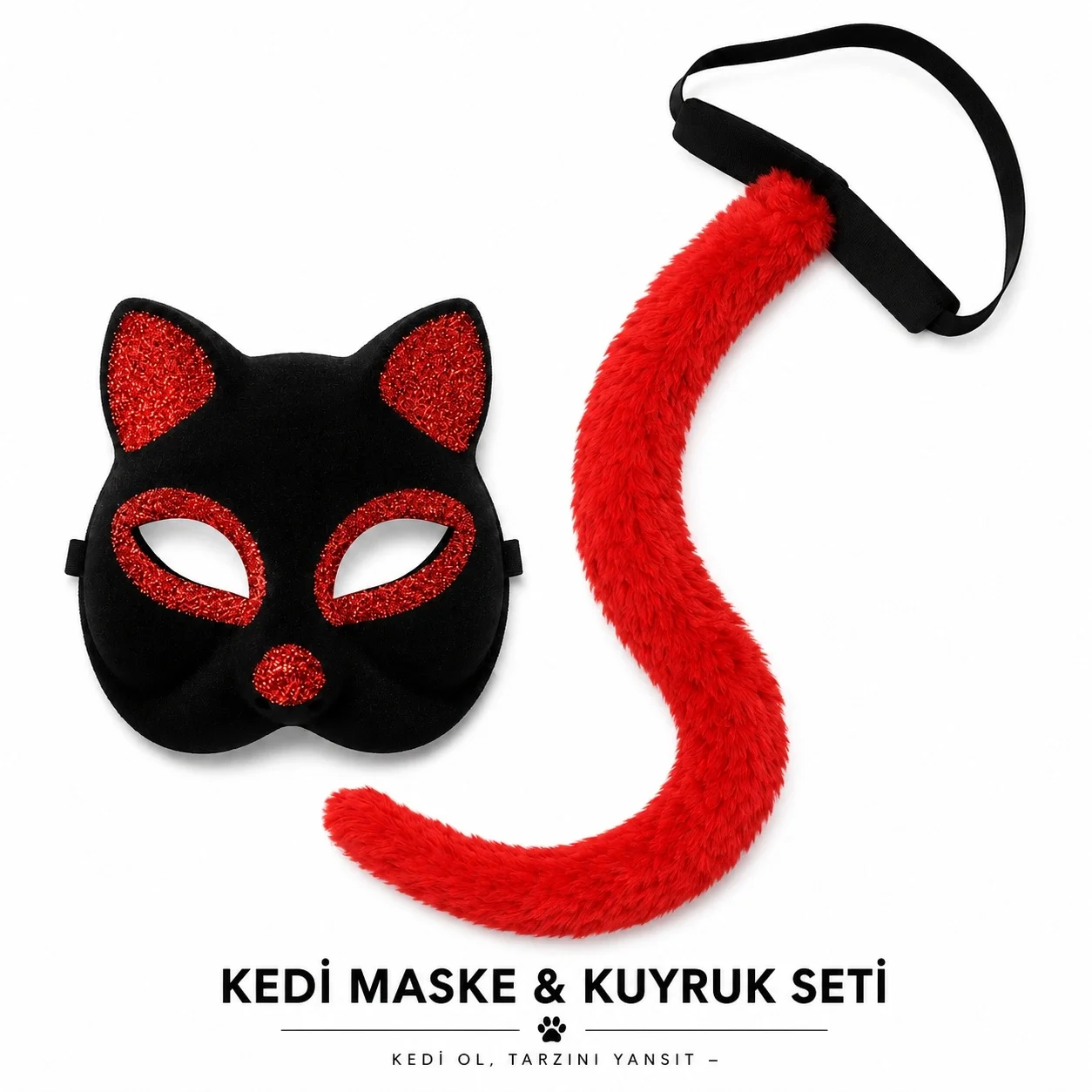 Kırmızı Kedi Maske ve Kuyruk Seti Parti Kostüm Aksesuarı