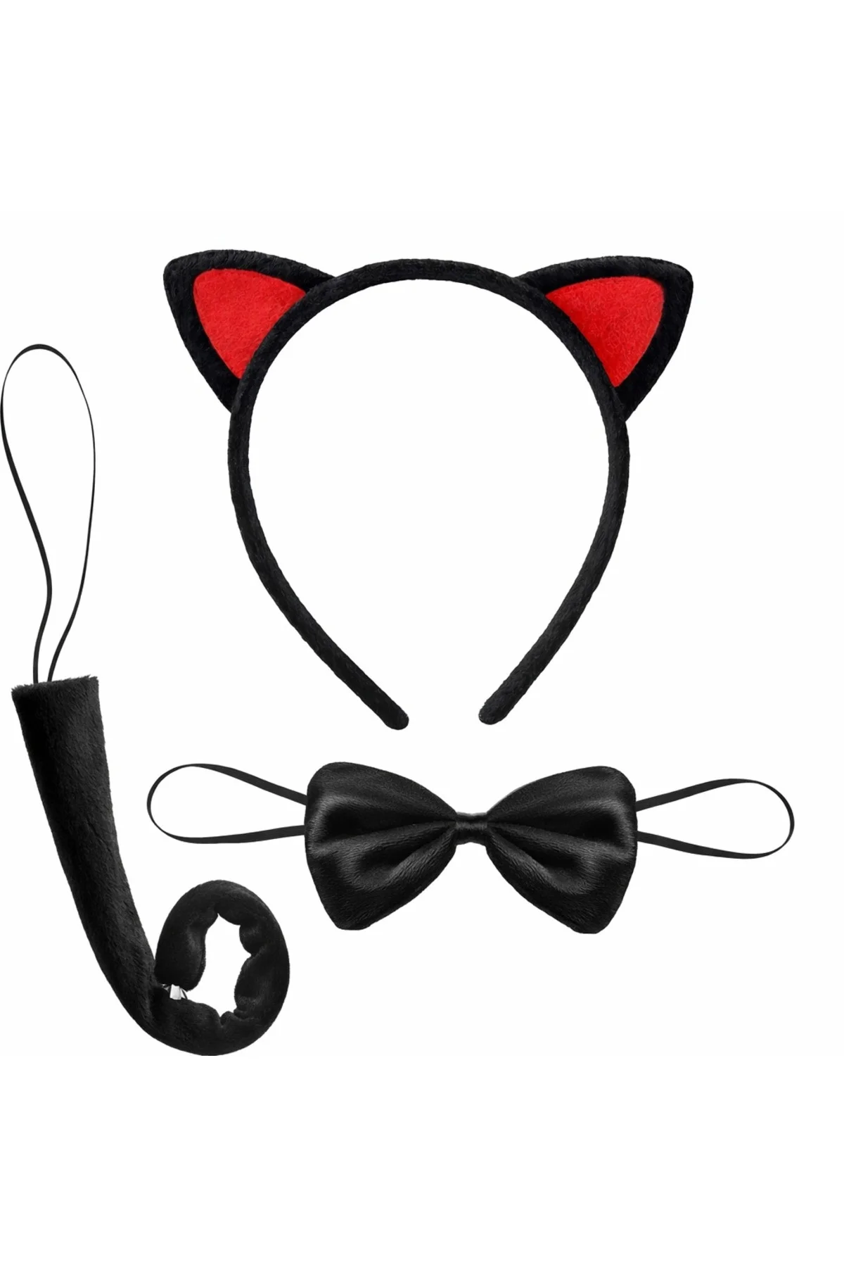 Kırmızı Kulaklı Kedi Kostüm Seti – Taç Papyon Kuyruk 3 Parça