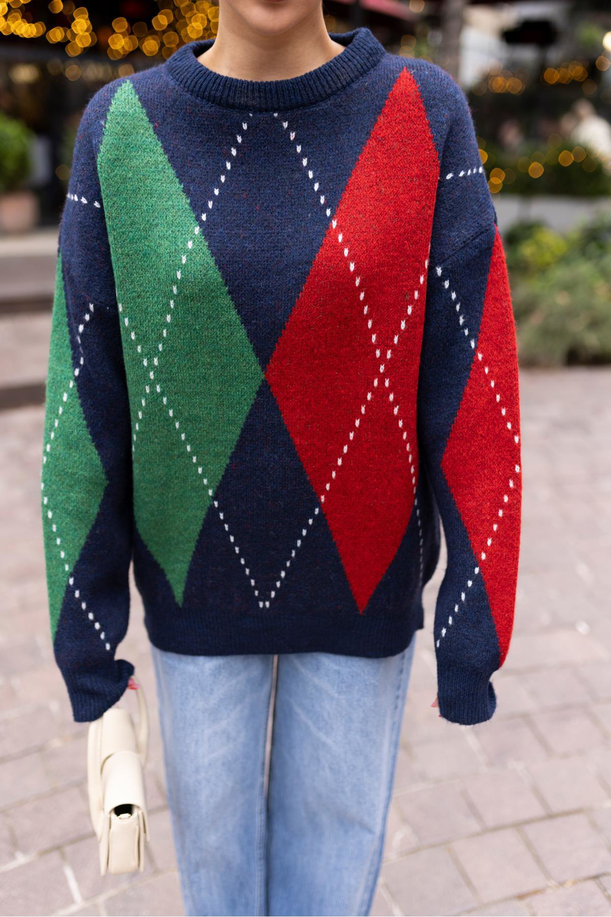 Askı Nişantaşı Kırmızı-Lacivert Baklava Desen Oversize Triko