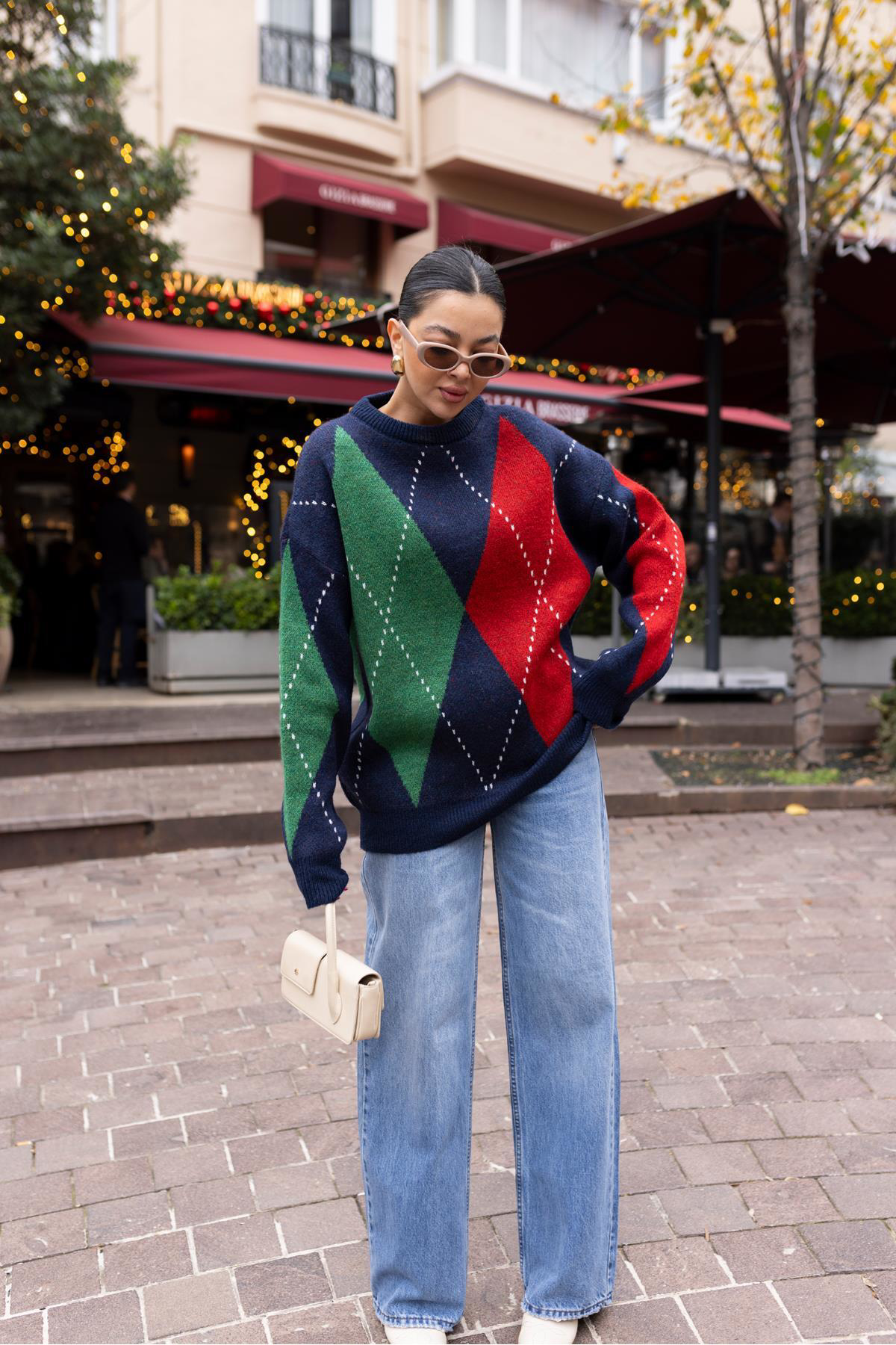 Askı Nişantaşı Kırmızı-Lacivert Baklava Desen Oversize Triko