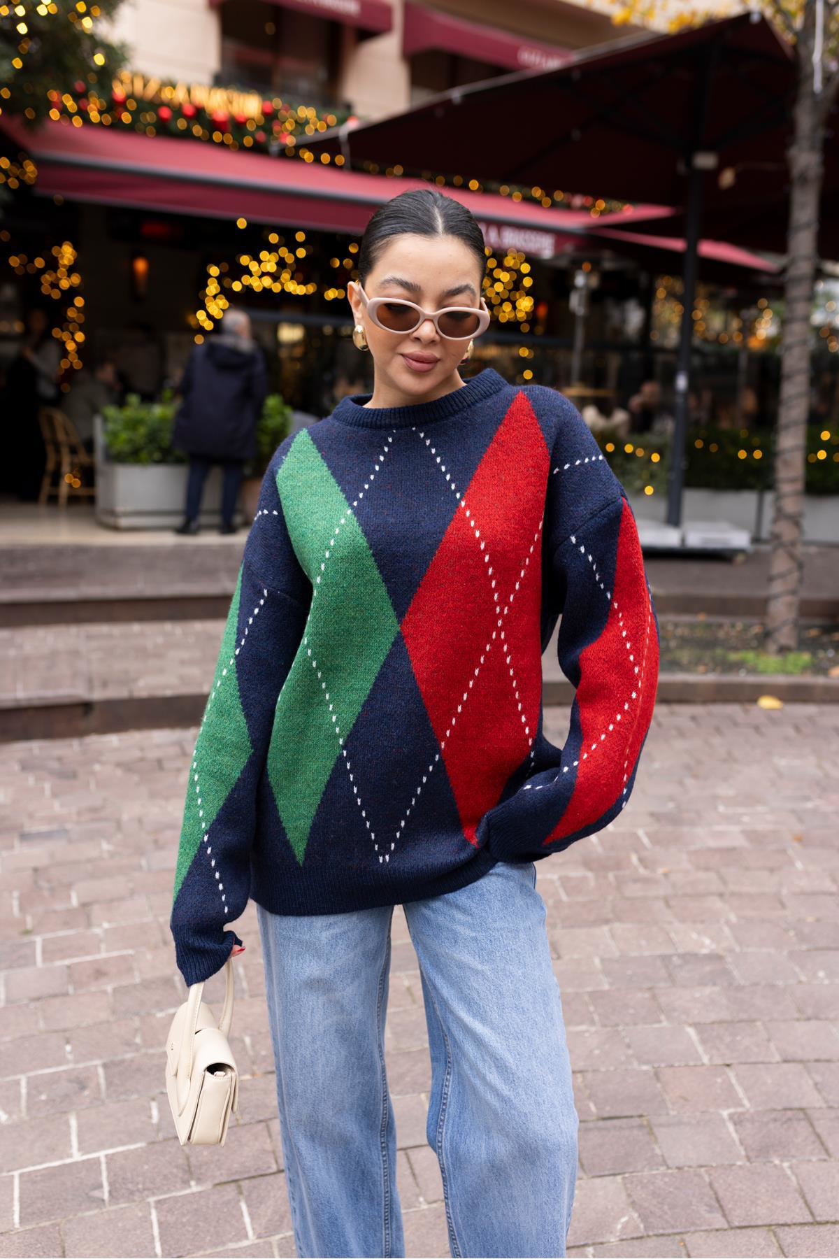 Askı Nişantaşı Kırmızı-Lacivert Baklava Desen Oversize Triko