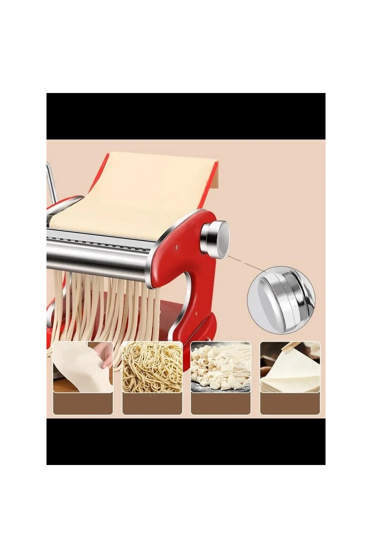 Kırmızı Makarna Makinesi 9 Ayarlı - Profesyonel Çelik Erişte ve Spagetti Açma Makinası 7231