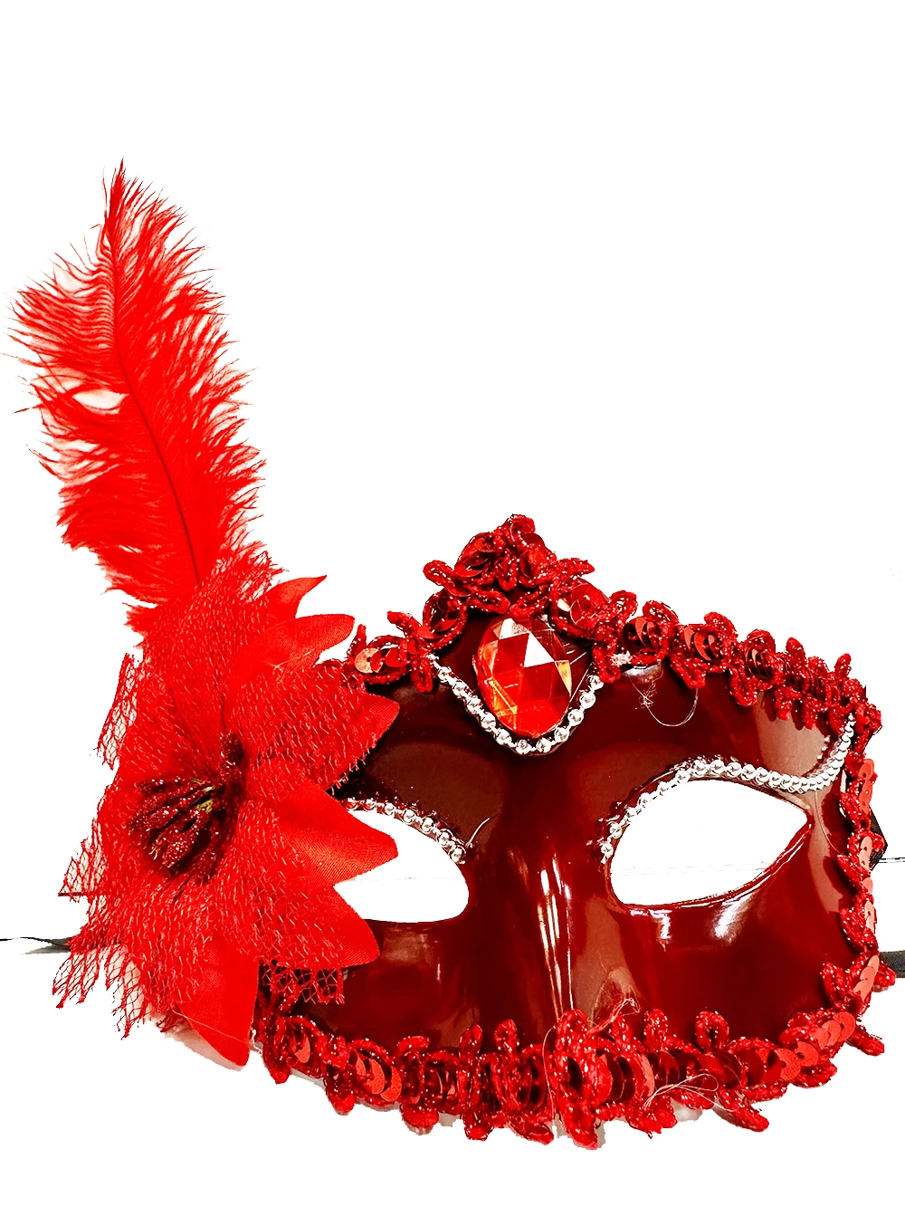 Kırmızı Mat Renk Yandan Tüylü Güllü Parti Balo Venedik Maskesi 16