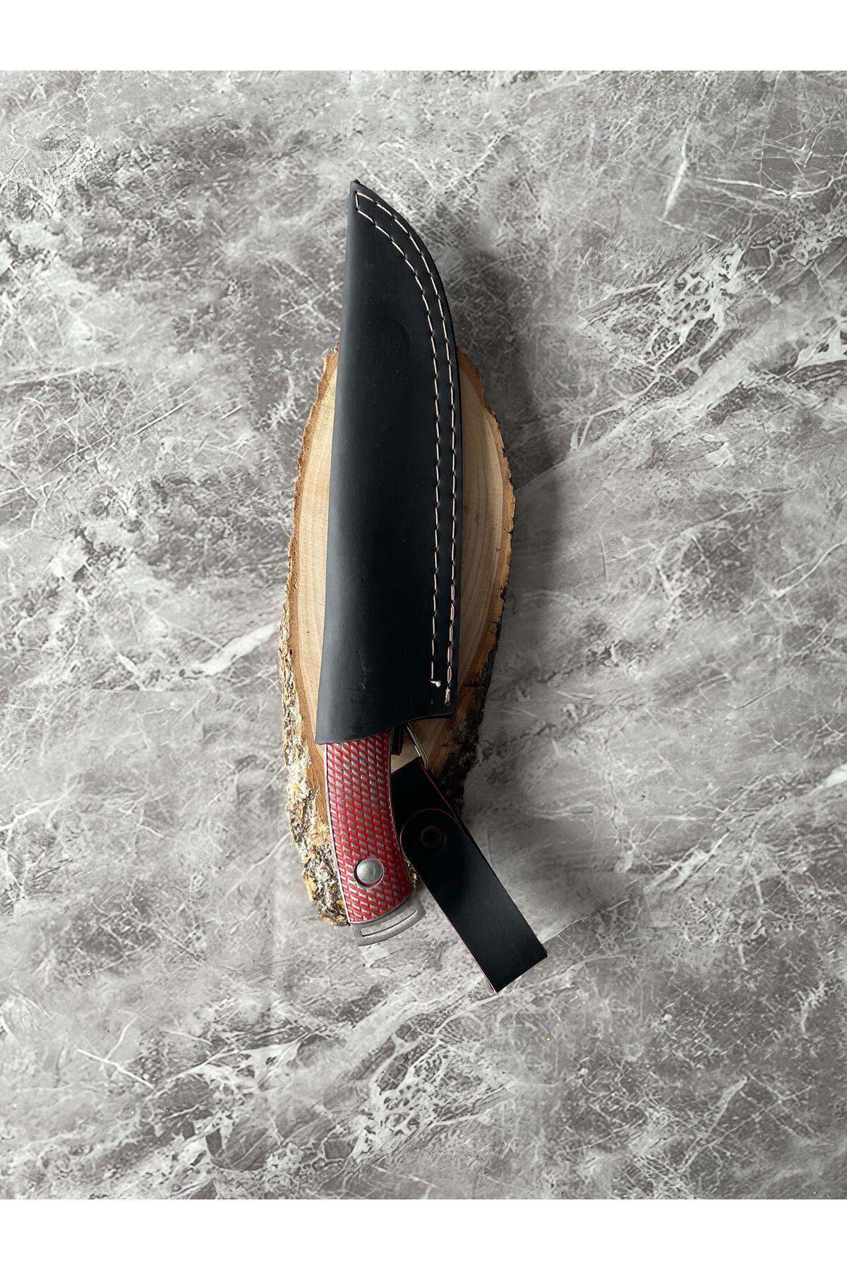 Kırmızı Metal Kabze Kamp Bıçağı–Cam-Buz Kırmalı, İp Takmalı, Kılı