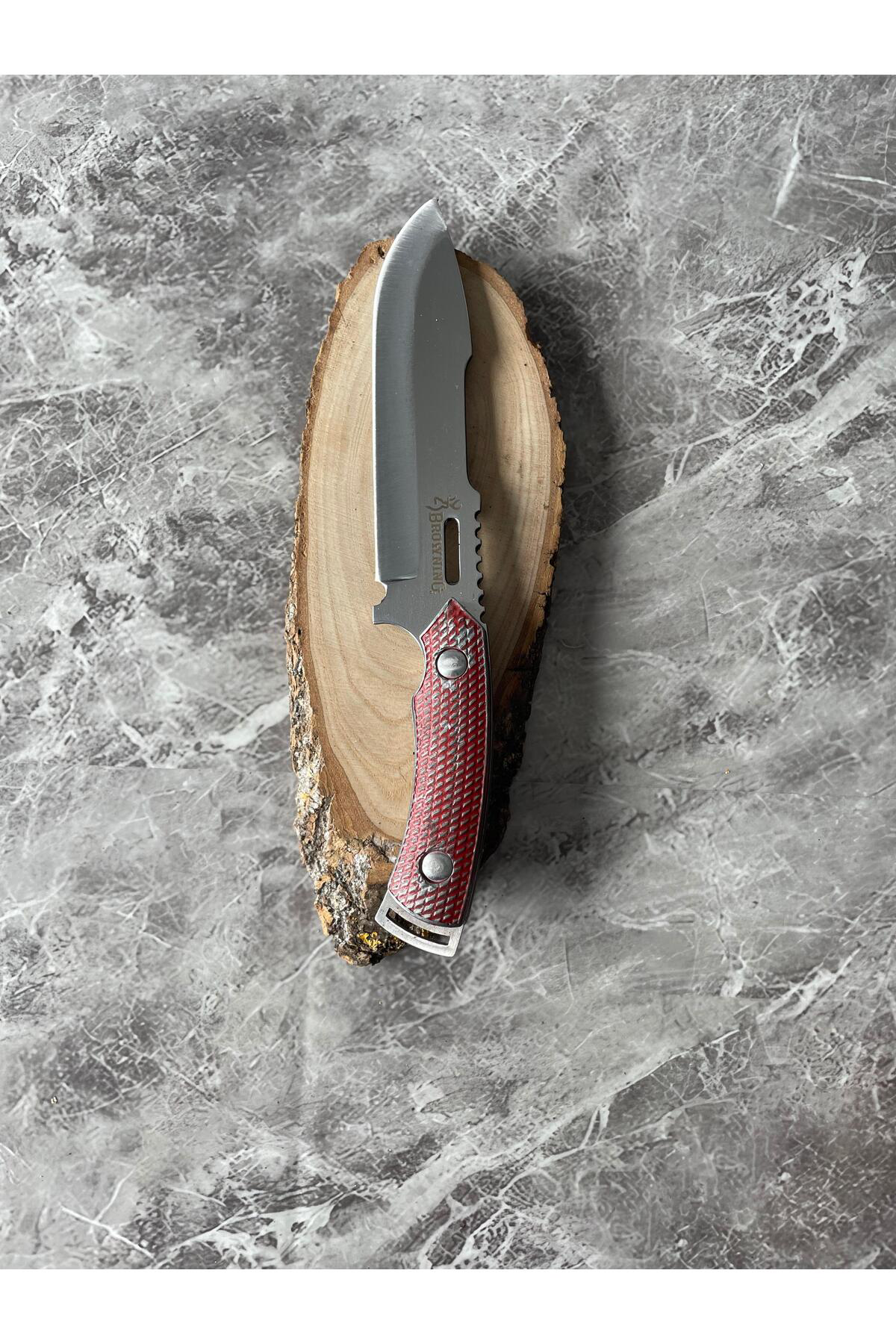 Kırmızı Metal Kabze Kamp Bıçağı–Cam-Buz Kırmalı, İp Takmalı, Kılı