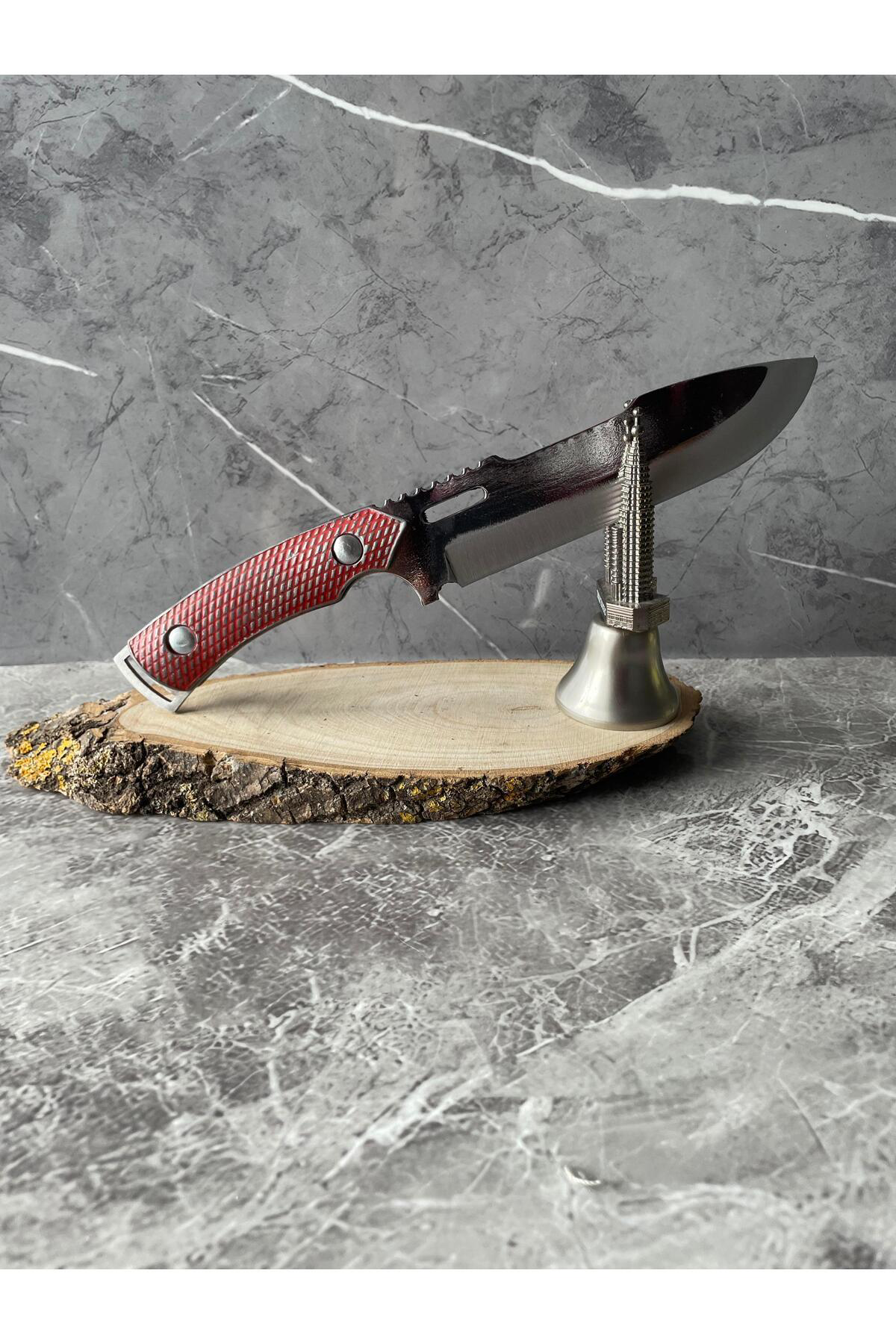 Kırmızı Metal Kabze Kamp Bıçağı–Cam-Buz Kırmalı, İp Takmalı, Kılı