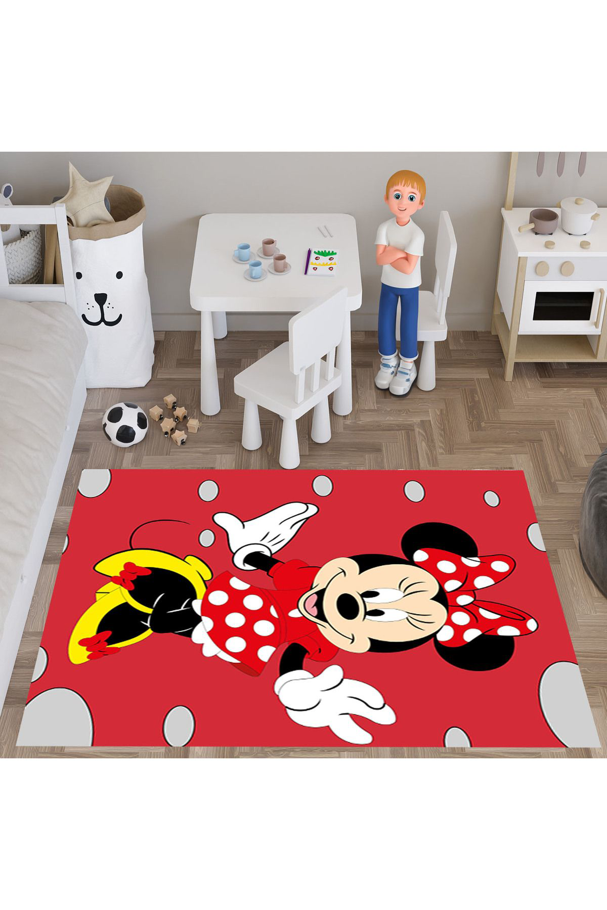 Evan Home Kirmizi Minnie Mouse Desenli  Dijital Baski Yikanabilir Kaymaz Taban Çocuk Odasi Halisi