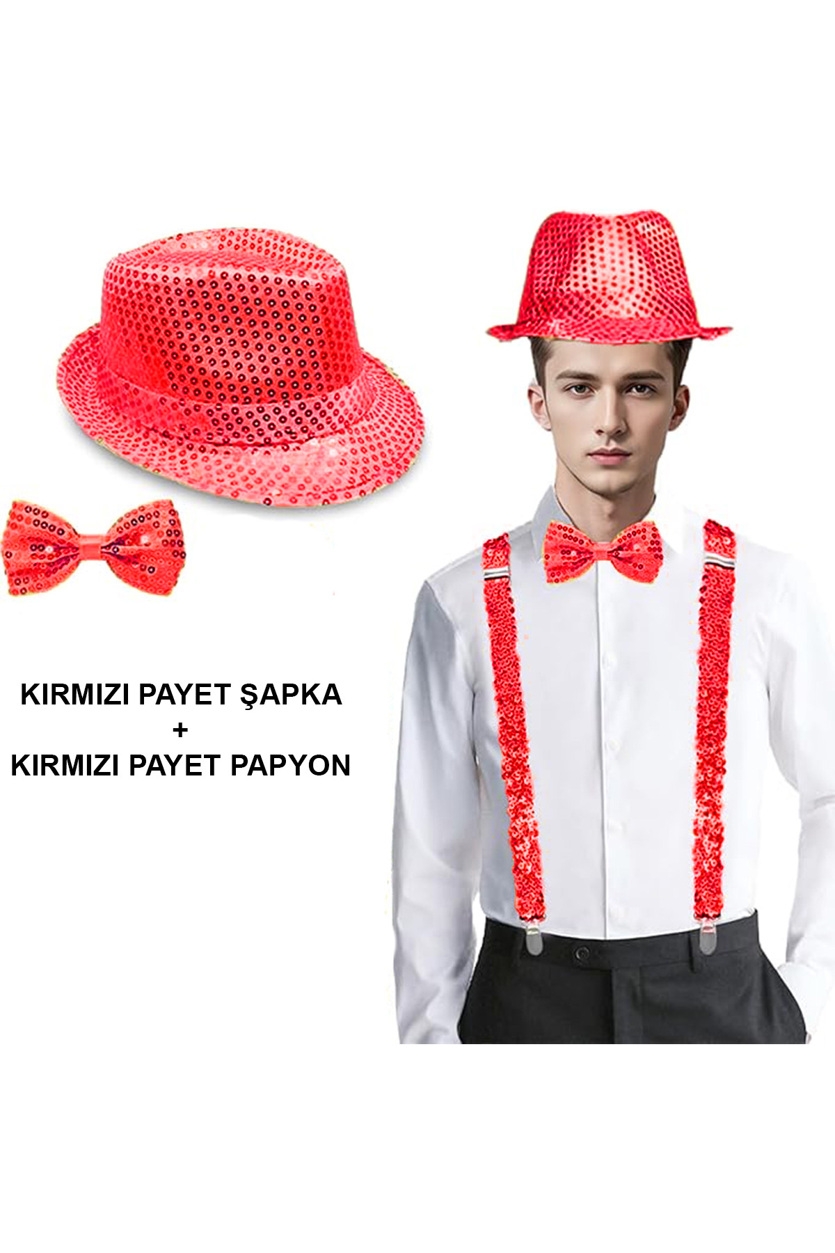 Kırmızı Payetli Şapka Ve Papyon Seti – Parıltılı Yetişkin Kostüm