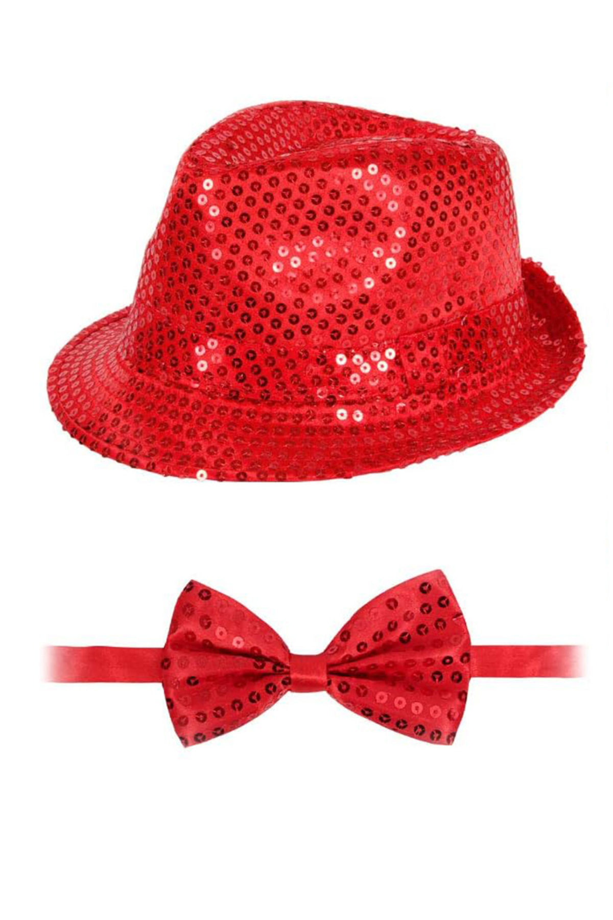 Kırmızı Payetli Şapka Ve Papyon Seti – Parıltılı Yetişkin Kostüm
