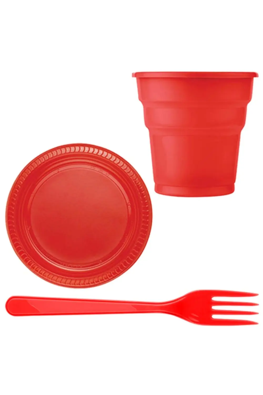 Kırmızı Plastik 16 Kişilik Tabak Bardak Çatal Set