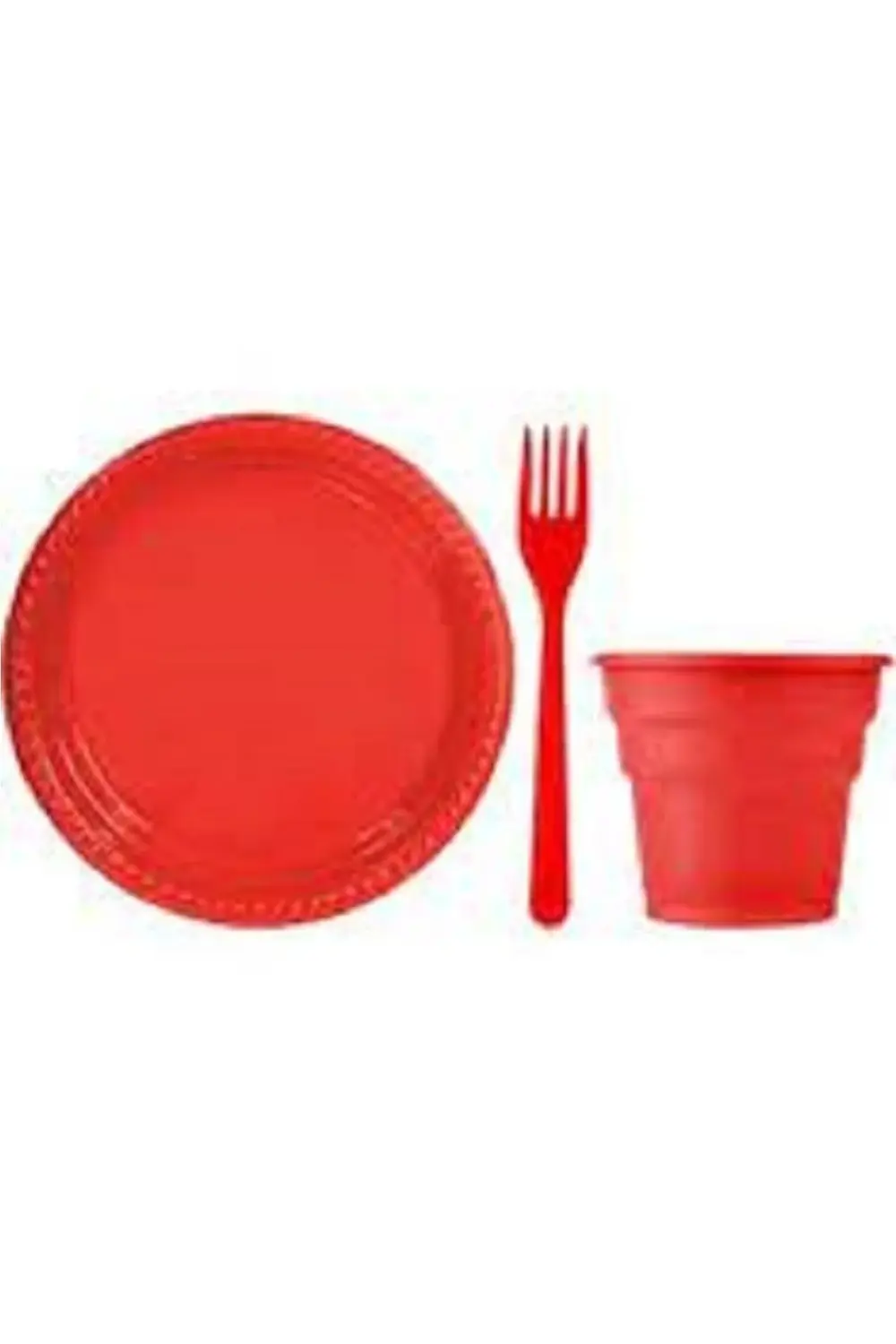 Kırmızı Plastik Tabak-bardak-çatal Set