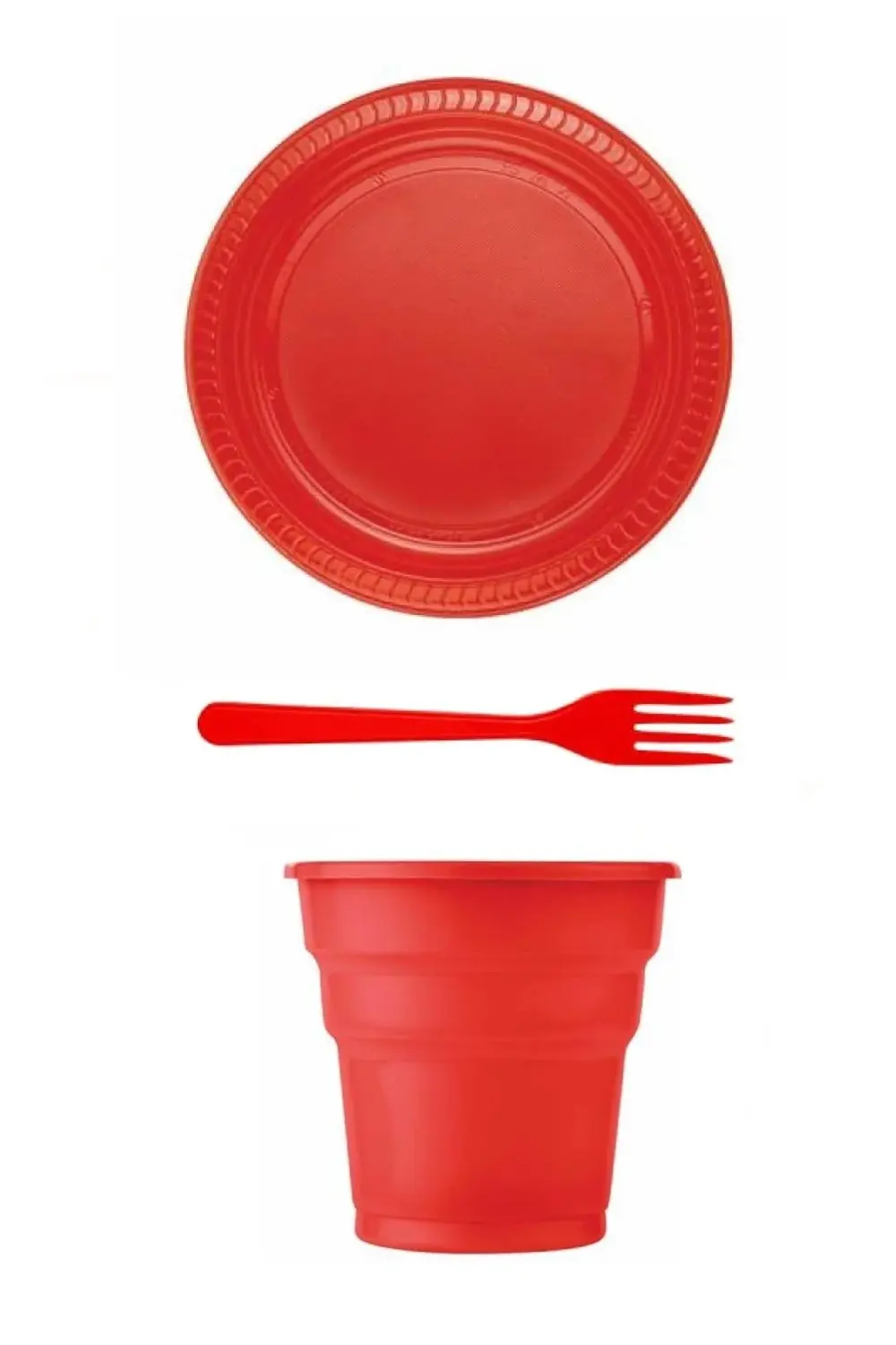 Kırmızı Plastik Tabak Çatak Bardak Seti