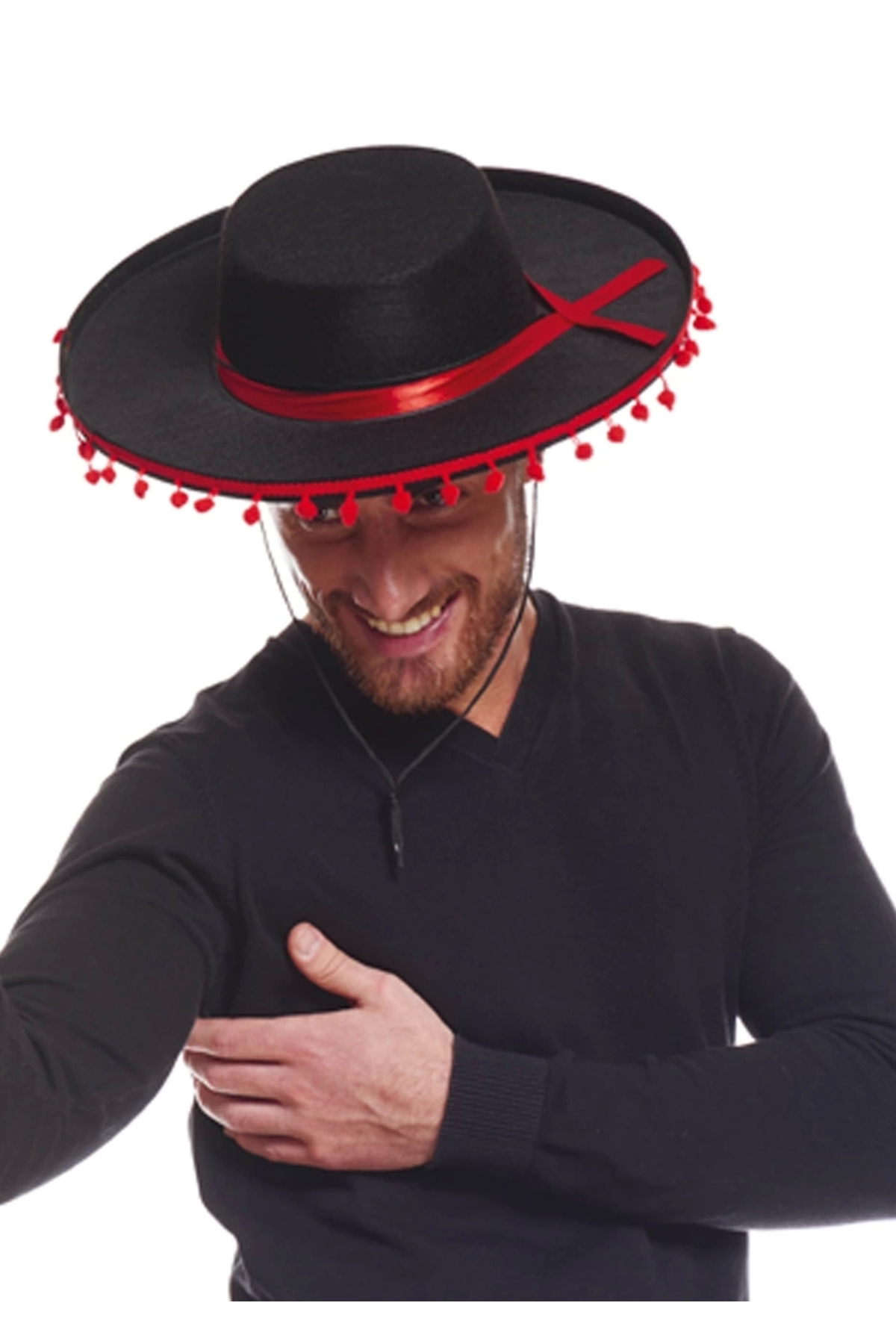 Bayanflu Kırmızı Ponponlu Siyah Renk Yetişkin İspanyol Şapkası