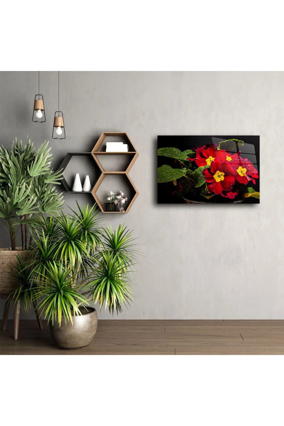 Kırmızı Primula Çiçekli Cam Tablo Kırmızı Primula Çiçekli Cam Tablo