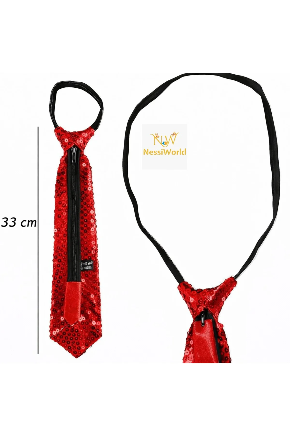 Kırmızı Pul Payetli Işıltılı Parti Kravatı 33 cm