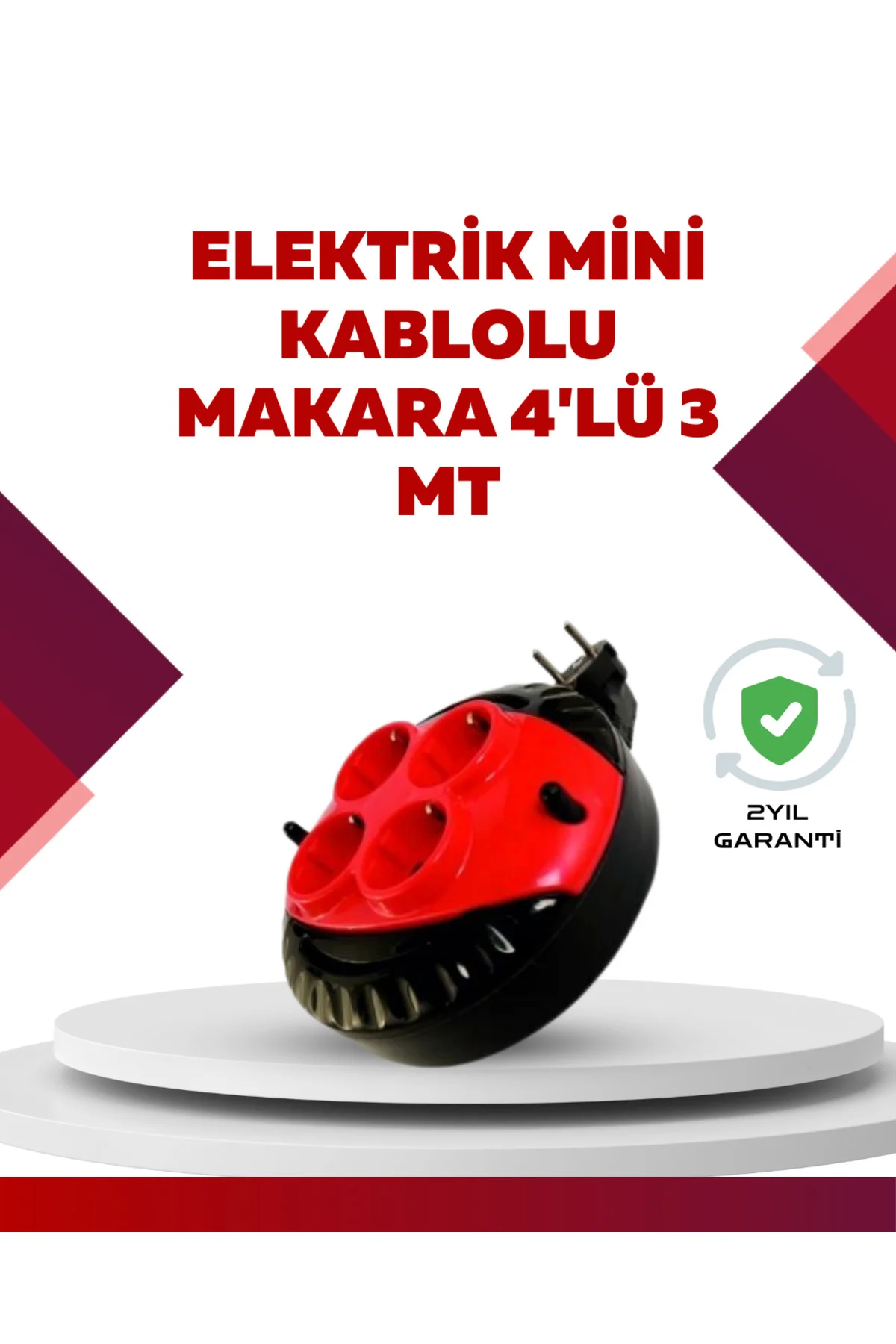 Kırmızı Renk 3 Metre 4’lü Kablolu Priz Makarası