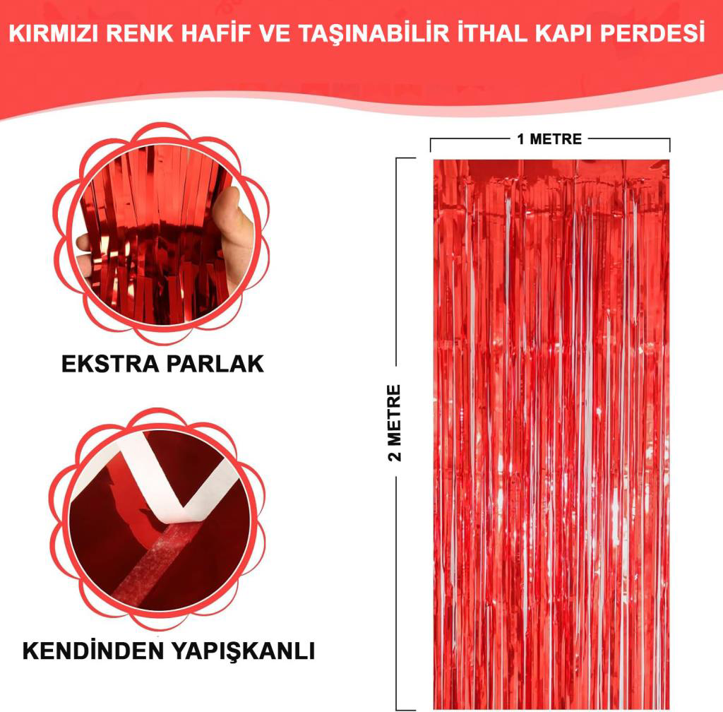 Kırmızı Renk Ekstra Metalize Parlak Saçaklı Arka Fon Perde İthal 