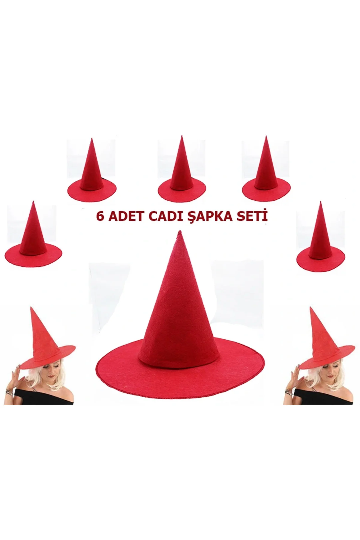Kırmızı Renk Keçe Cadı Şapkası Yetişkin Çocuk Uyumlu 6 Adet Kırmızı Renk Keçe Cadı Şapkası Yetişkin Çocuk Uyumlu 6 Adet