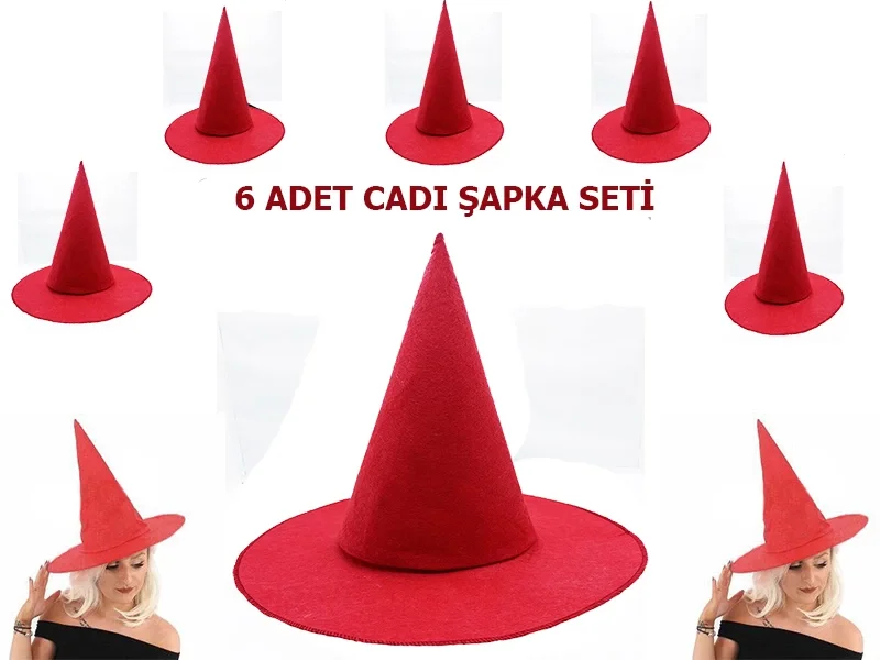Kırmızı Renk Keçe Cadı Şapkası Yetişkin Çocuk Uyumlu 6 Adet Fiyatı, Yorumları ve Özellikleri