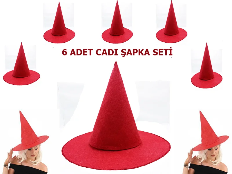 Kırmızı Renk Keçe Cadı Şapkası Yetişkin Çuk Uyumlu 6 Adet