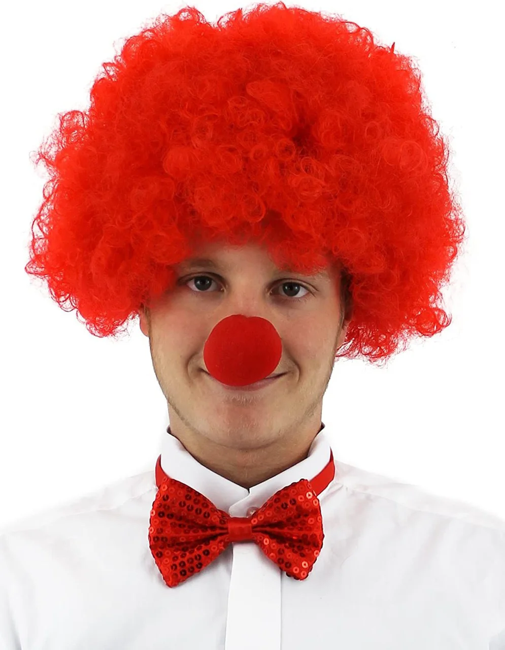 Kırmızı Renk Kıvırcık Afro Bonus Peruk Takma Saç Ve Kırmızı Burun Seti Diğer