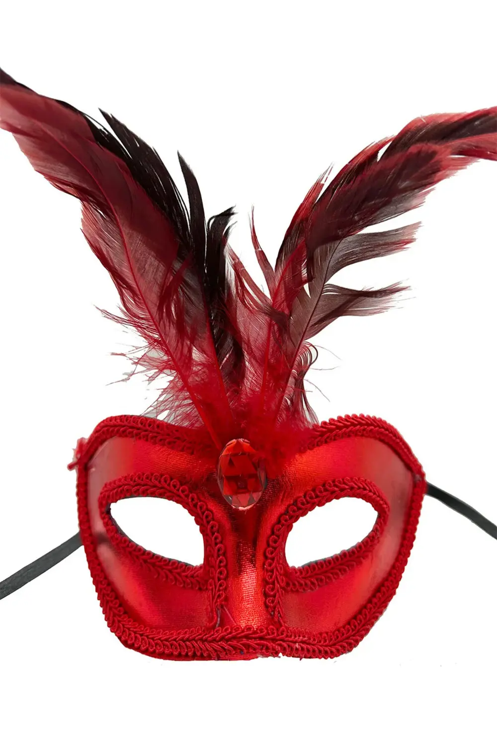 Kırmızı Renk Rugan Kaplama Kırmızı Tüylü Parti Maskesi 18X20 Cm