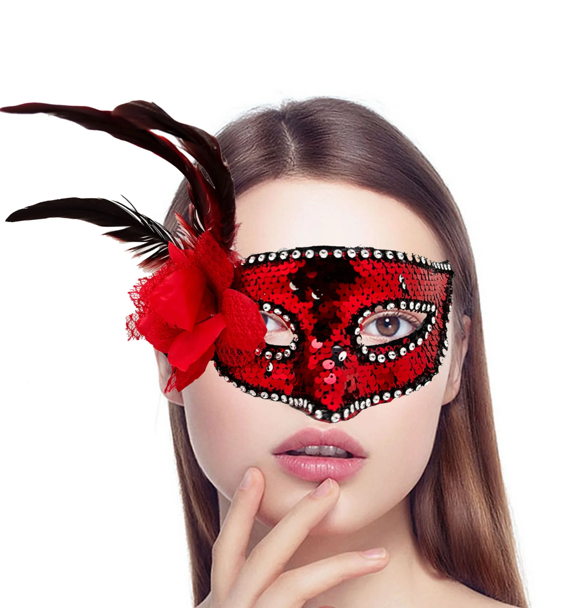 Kırmızı Renk Yandan Tüylü Güllü Gümüş Taşlı Pullu Maske 20x22 Cm Bx40