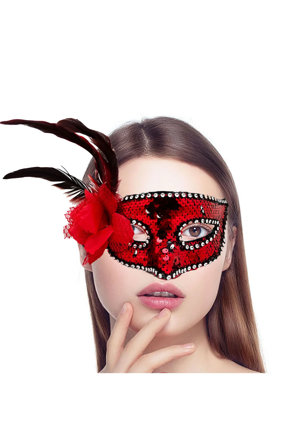Kırmızı Renk Yandan Tüylü Güllü Gümüş Taşlı Pullu Maske 20x22 cm  GO506089Gosa4743