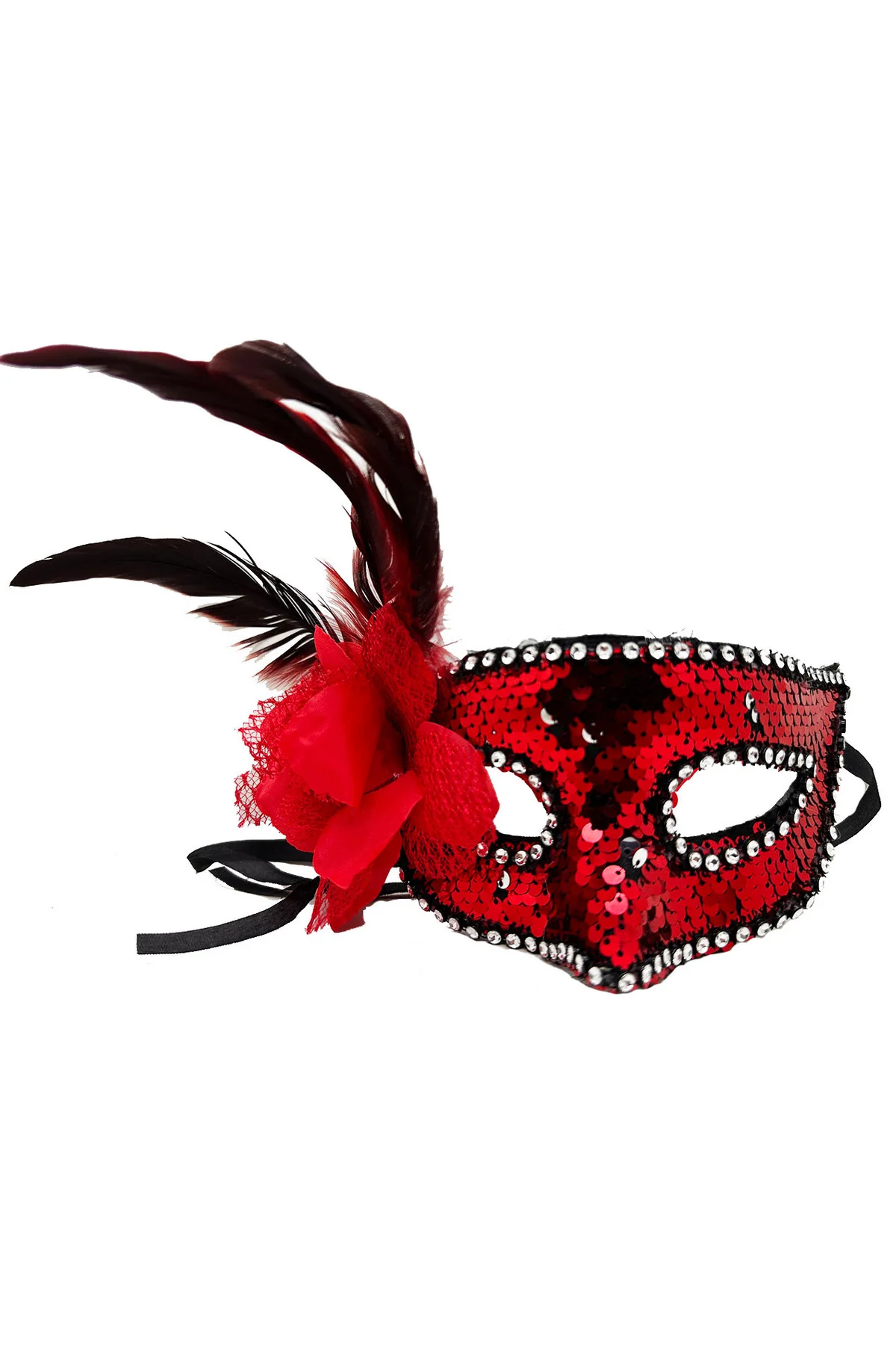 Kırmızı Renk Yandan Tüylü Güllü Gümüş Taşlı Pullu Maske 20x22 cm  GO506089Gosa4743