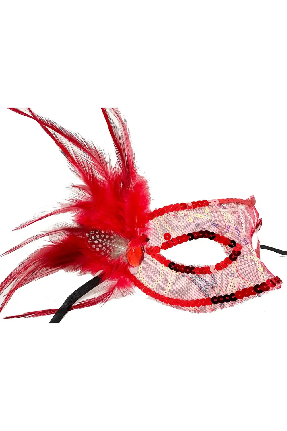 Kırmızı Renk Yandan Tüylü Pul Payet İşlemeli Parti Maskesi 23x12