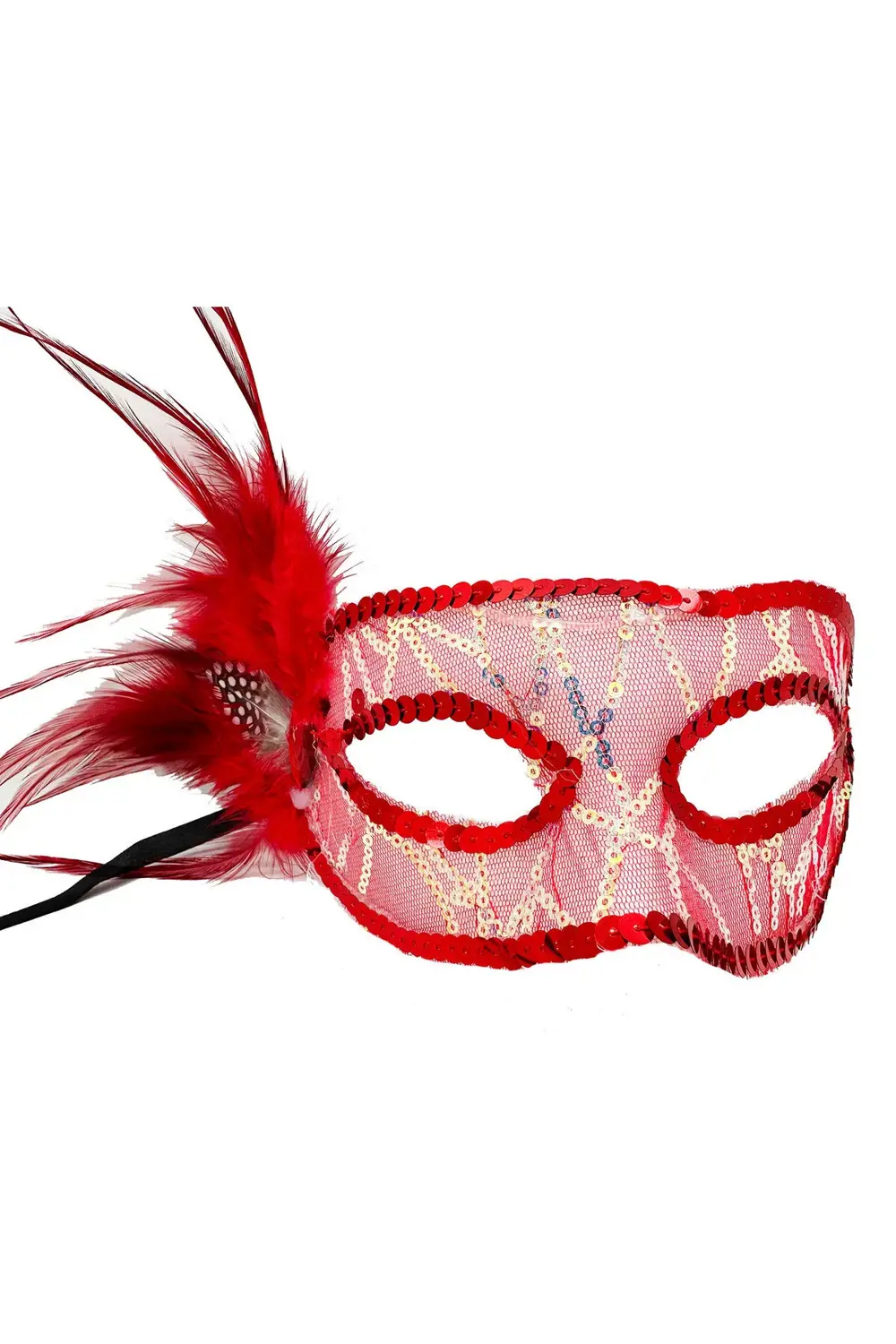 Kırmızı Renk Yandan Tüylü Pul Payet İşlemeli Parti Maskesi 23x12