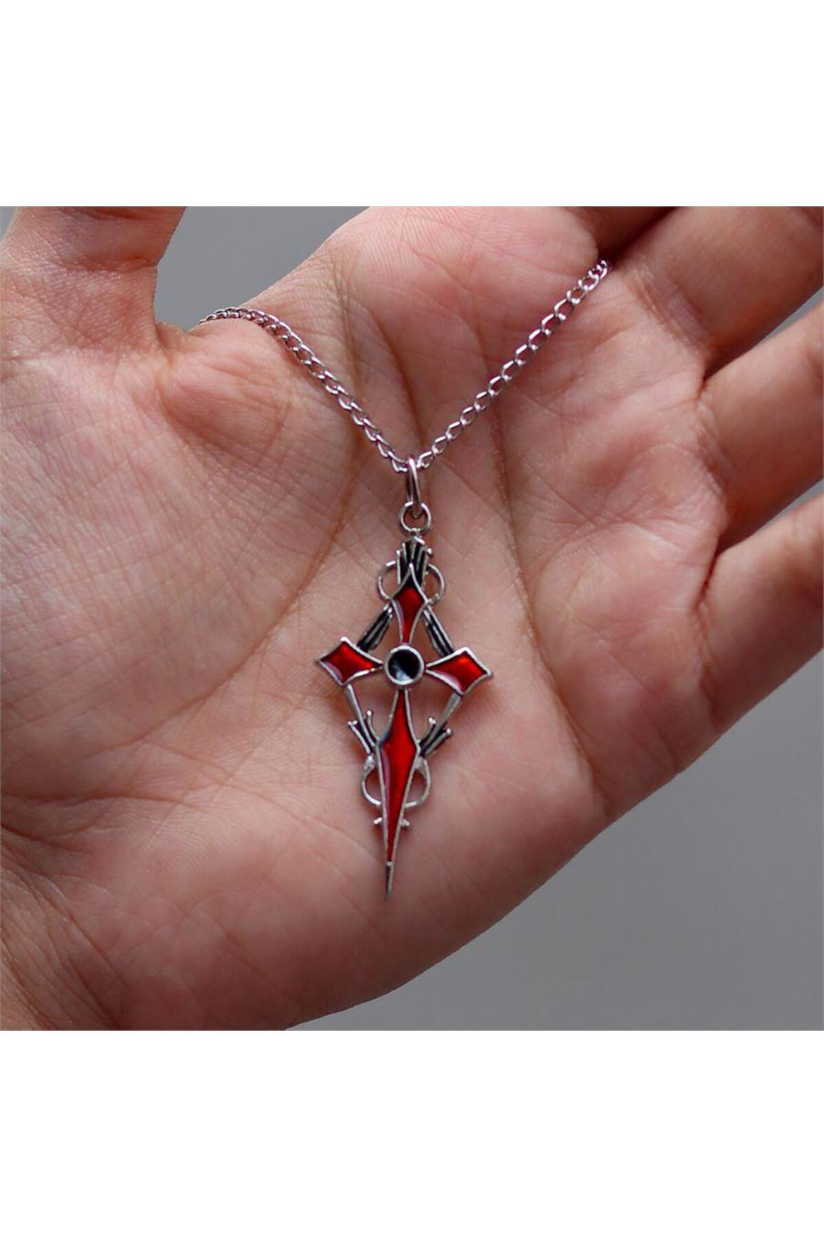 Kırmızı Sacina Gothic Cross Kolye