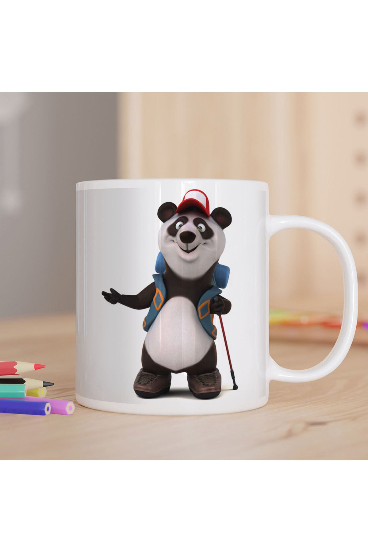 Asilmeydan Kırmızı Şapkalı Sevimli Panda Baskılı Hediyelik Kupa Bardak