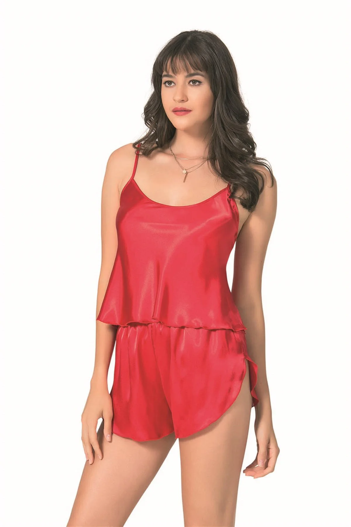 Kırmızı Saten Babydoll Şort Takımı 12873 [Beybeer]