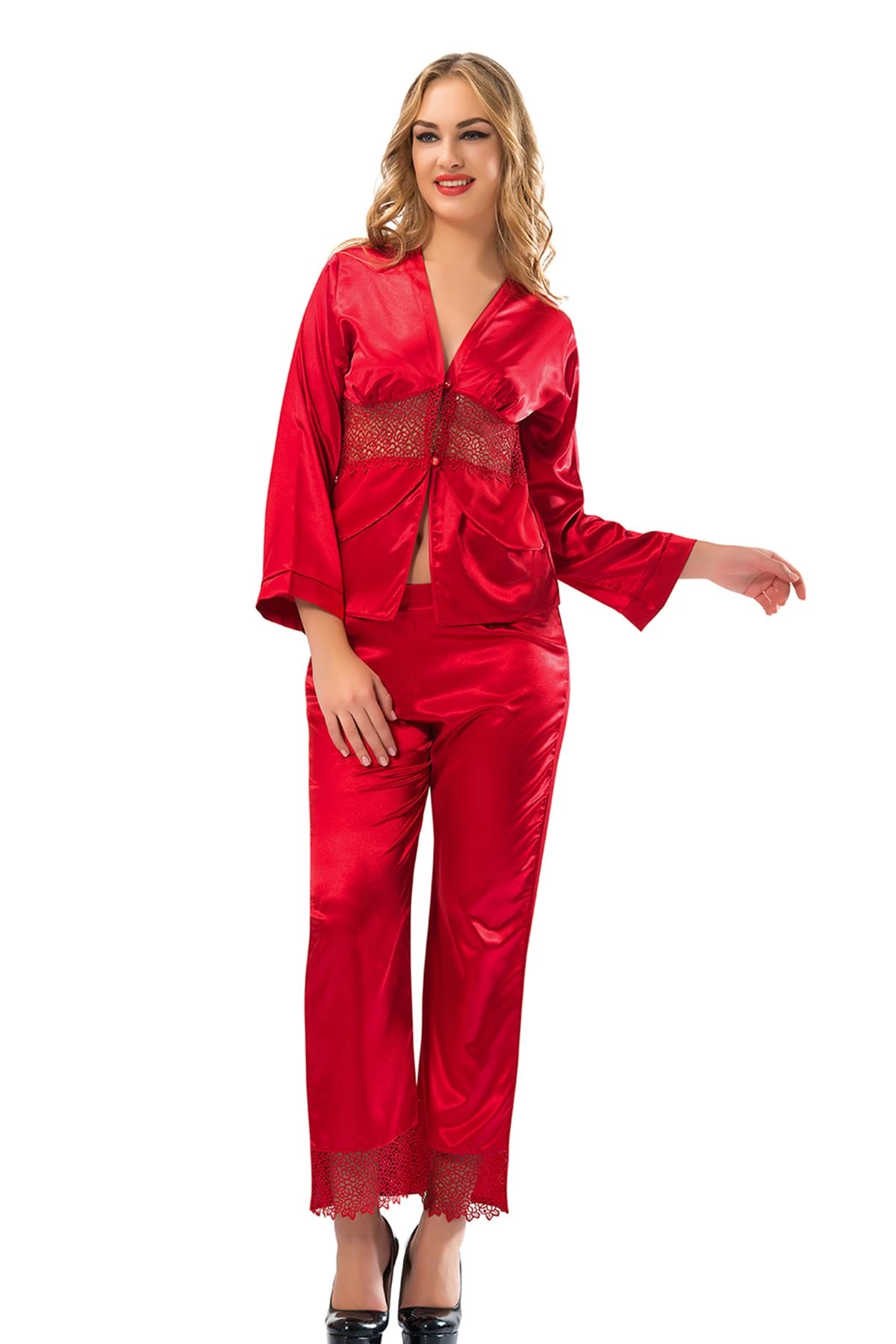 Kırmızı Saten Pijama Takımı - 1601 Kırmızı Saten Pijama Takımı - 1601
