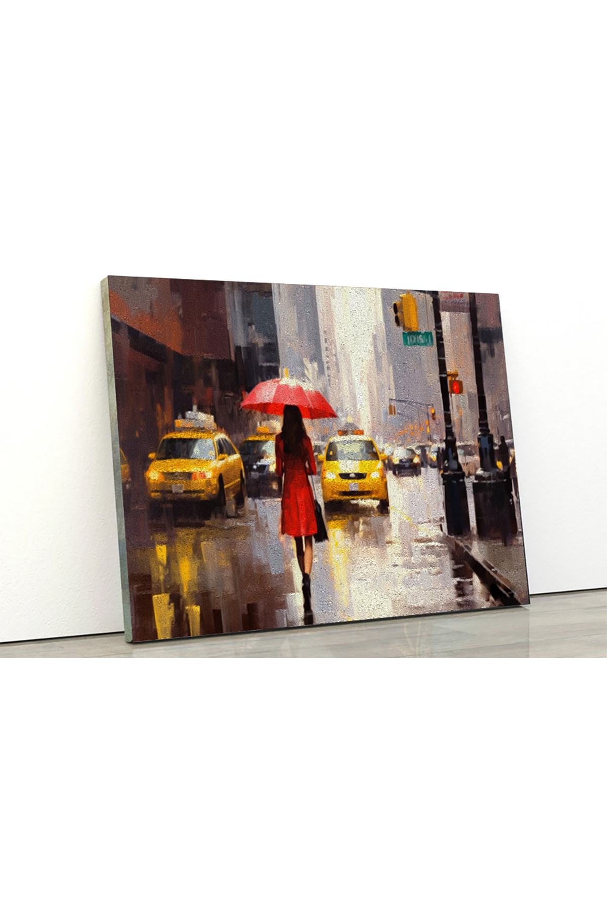 Kırmızı şemsiye altındaki kadın,Modern sanat eseri.Newyork’un sok