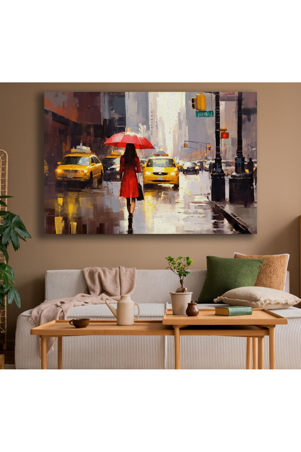 Kırmızı şemsiye altındaki kadın,Modern sanat eseri.Newyork’un sok
