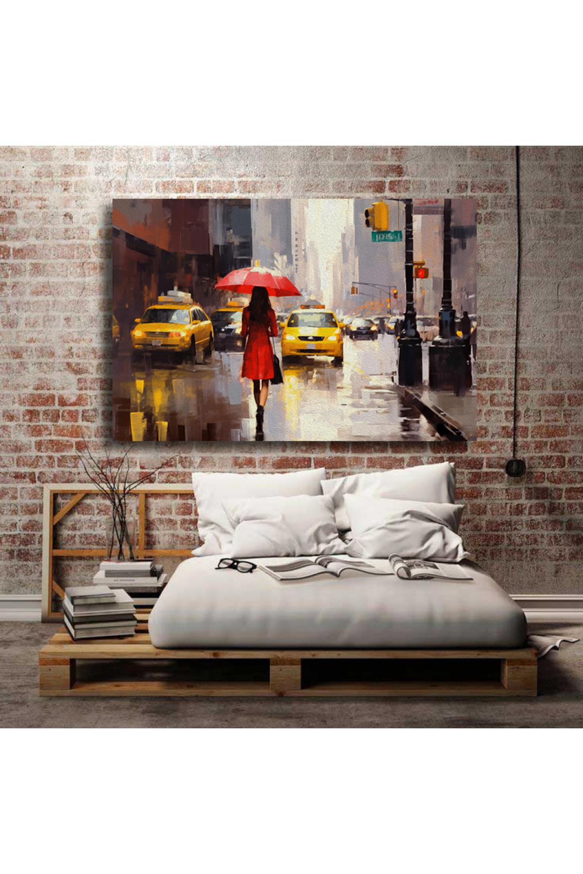 Kırmızı şemsiye altındaki kadın,Modern sanat eseri.Newyork’un sok