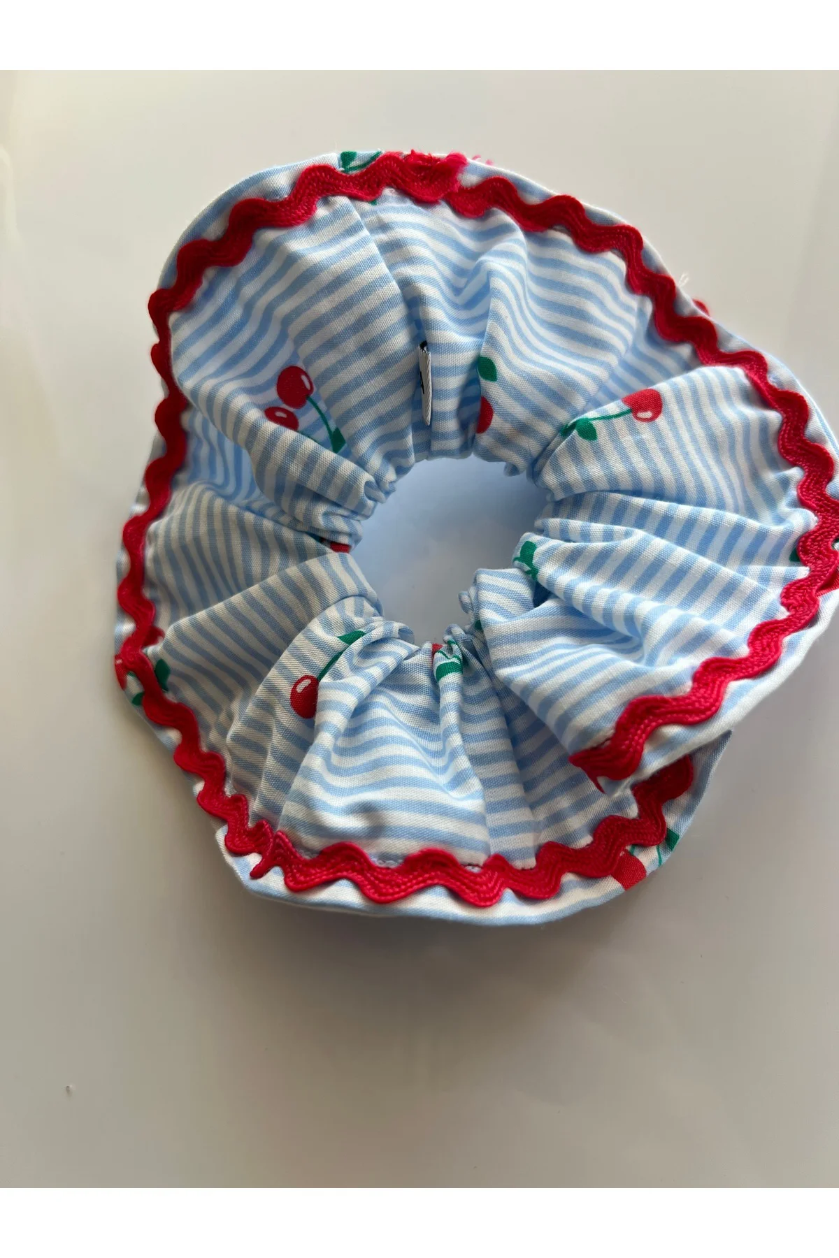Kırmızı Şerit Mavi Çizgili Kiraz Cherry Scrunchie Pamuk Lastik Toka