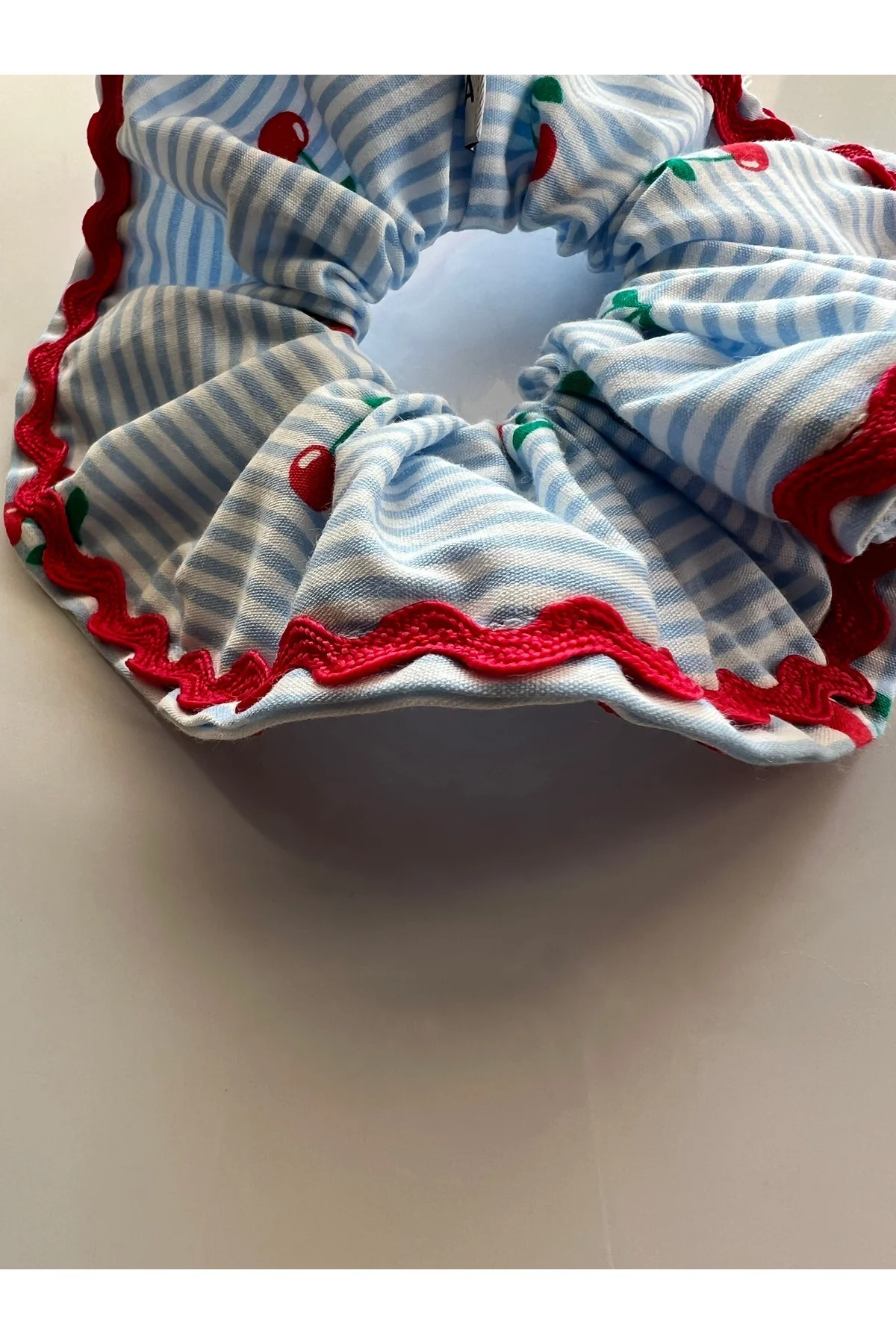 Kırmızı Şerit Mavi Çizgili Kiraz Cherry Scrunchie Pamuk Lastik Toka