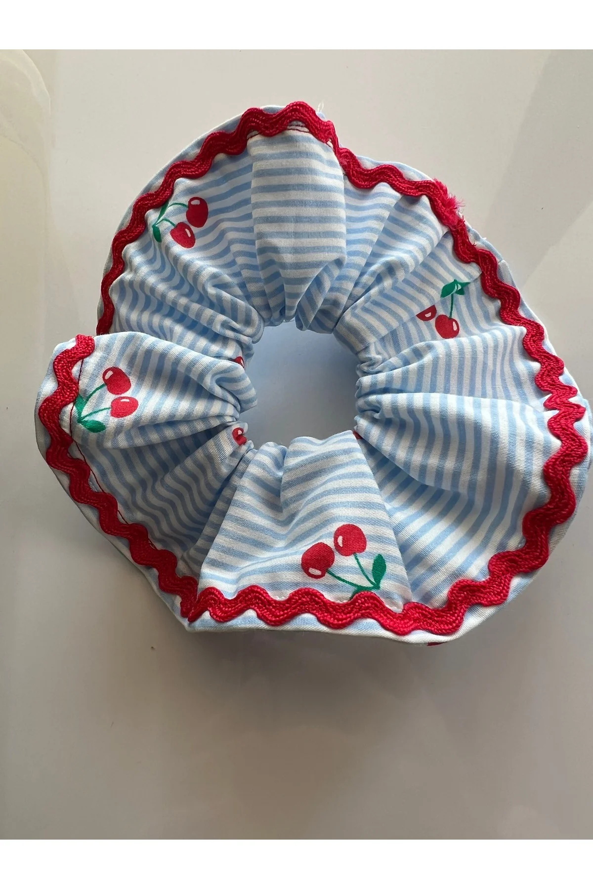 Kırmızı Şerit Mavi Çizgili Kiraz Cherry Scrunchie Pamuk Lastik Toka