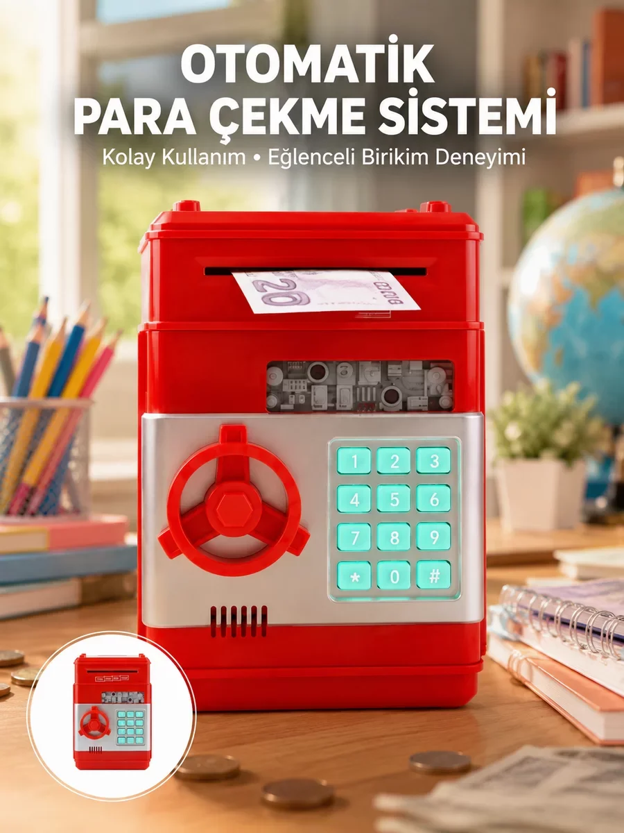 Kırmızı Şifreli ATM Kasa Para Yutan Kumbara - Gerçekçi Tasarım ve Şifreli Güvenlik