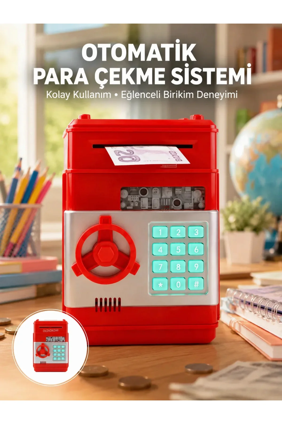 Kırmızı Şifreli ATM Kasa Para Yutan Kumbara Kırmızı Şifreli ATM Kasa Para Yutan Kumbara