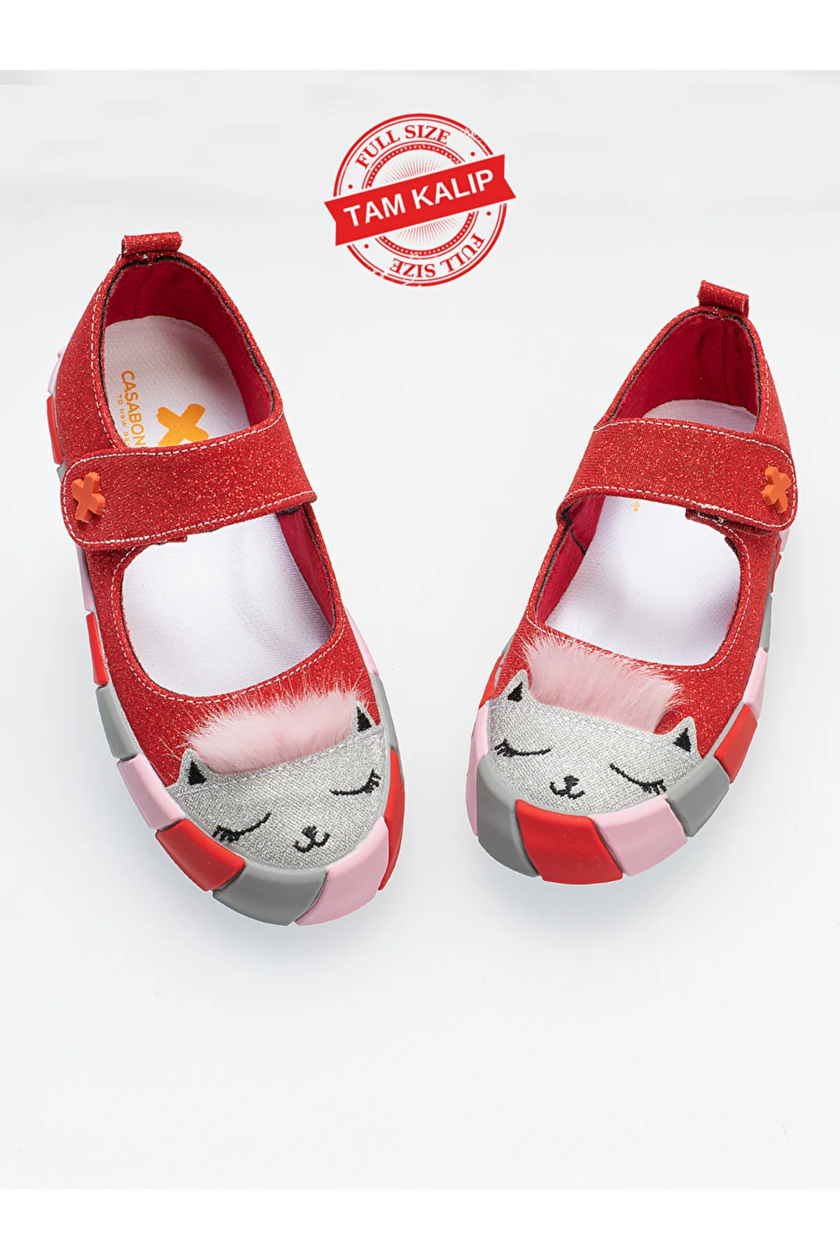 Kırmızı Simli Kedi Kız Çocuk Sneaker Babet Beden: 27