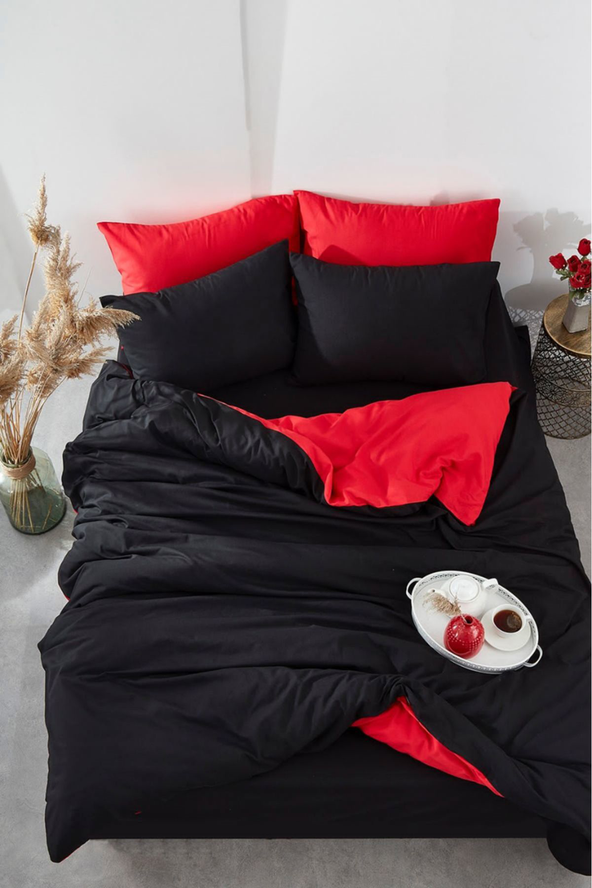 Beautiful Bird Kırmızı Siyah %100 Pamuk Tek Kişilik Nevresim Takımı Çarşaflı Yat