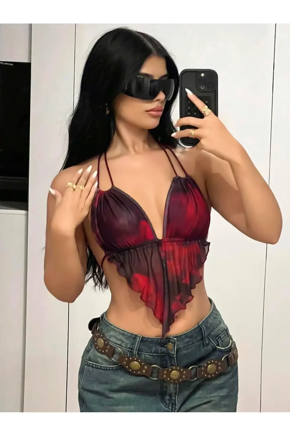 Kırmızı Siyah Desenli İnce Askılı Üçgen Kesim Crop